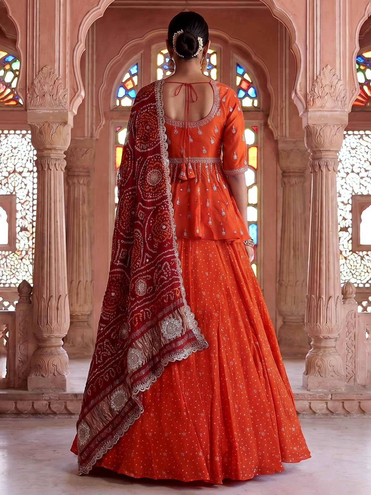 Rust orange printed silk wedding lehenga choli