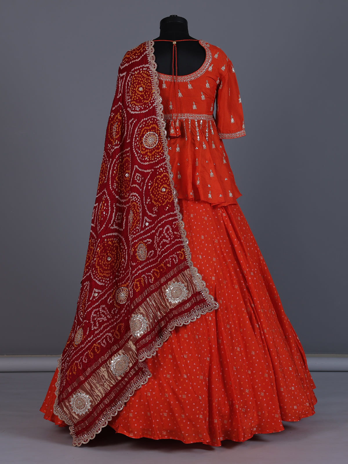 Rust orange printed silk wedding lehenga choli