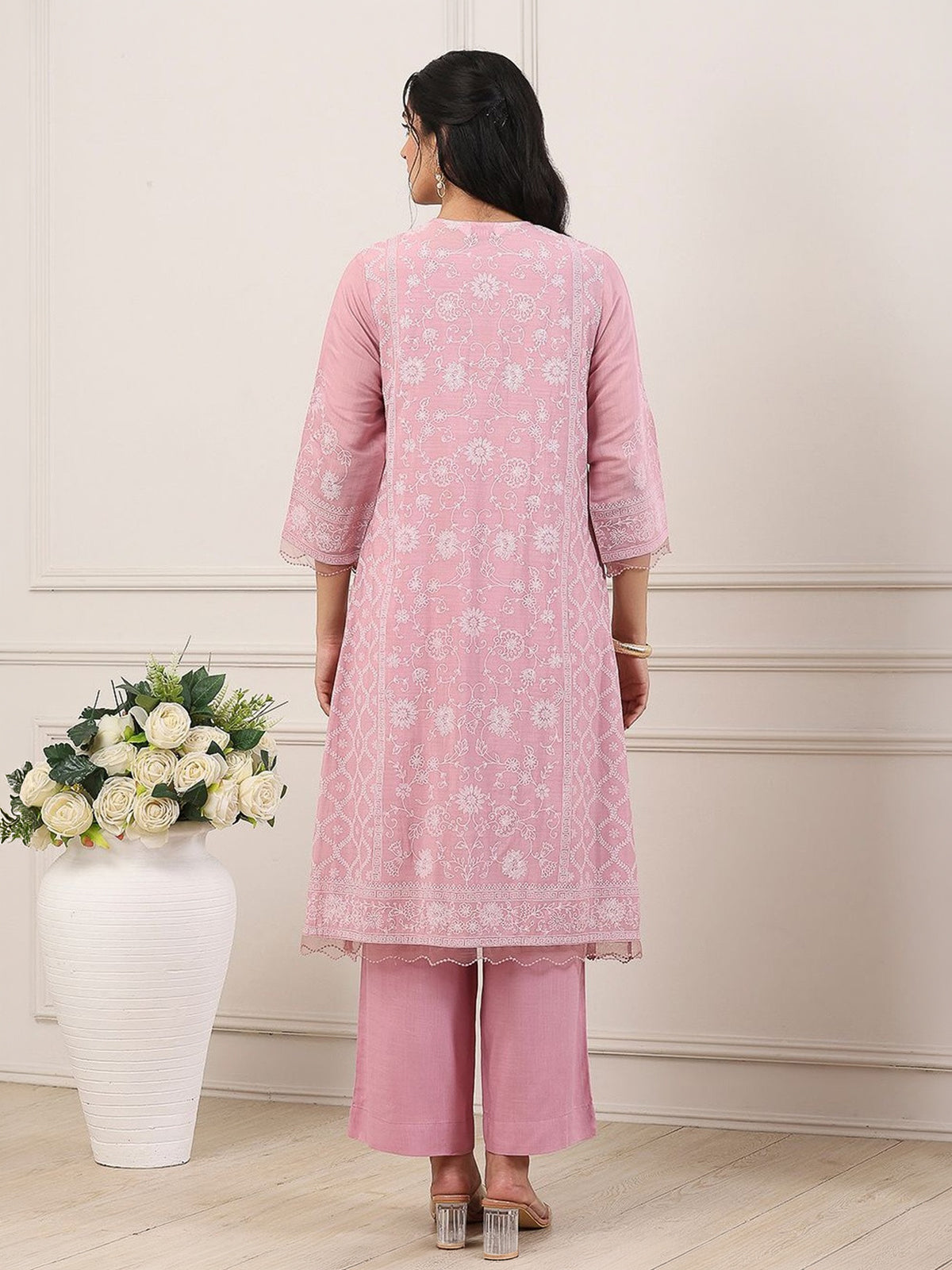 Blush pink printed chanderi festive sophistication