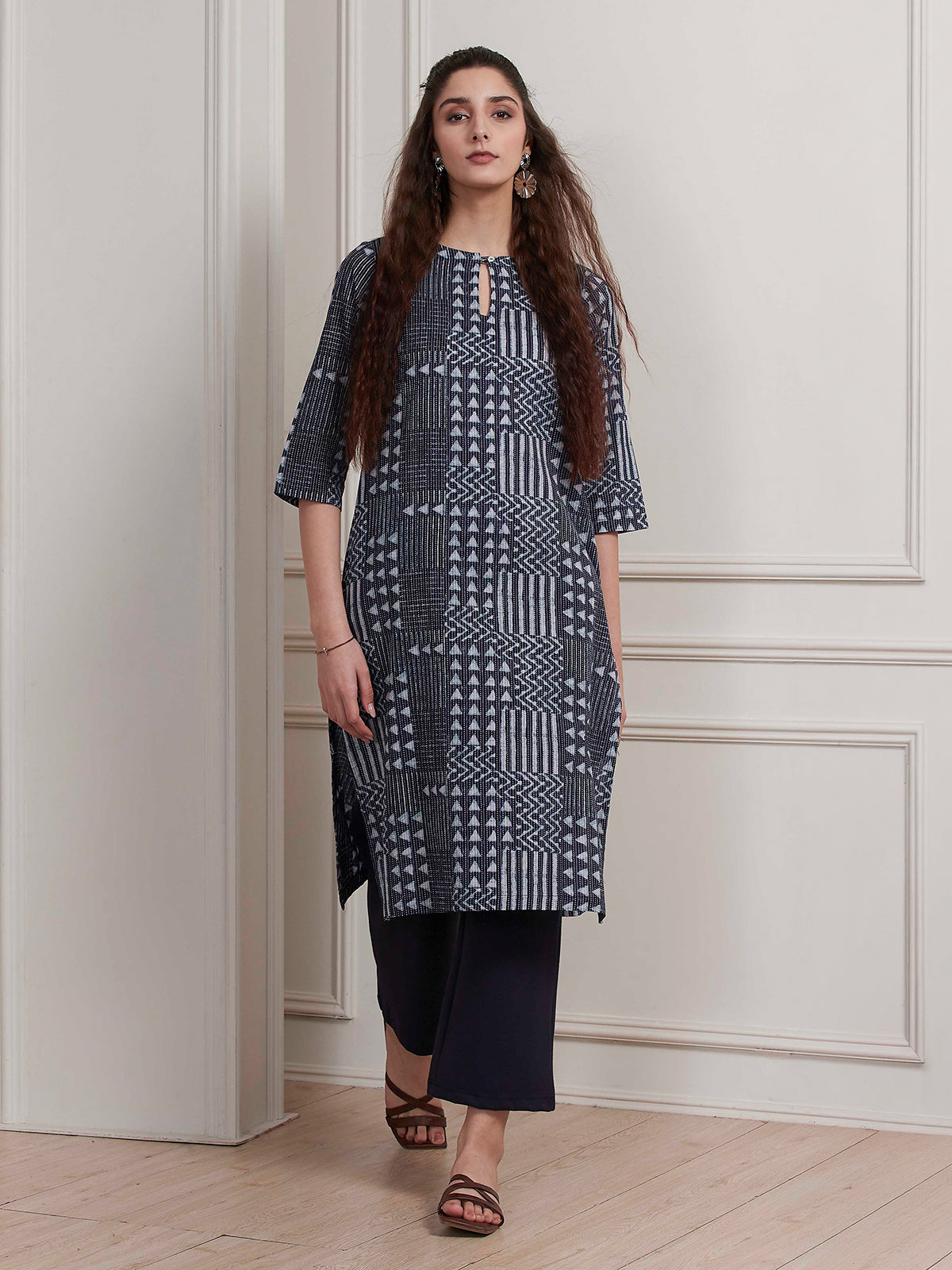 Black printed thread work everyday cotton kurti
