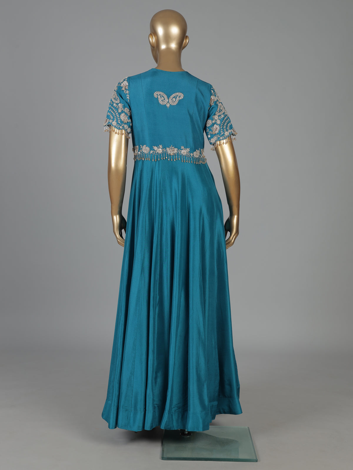 Peacock blue silk Anarkali suit for festive celebration