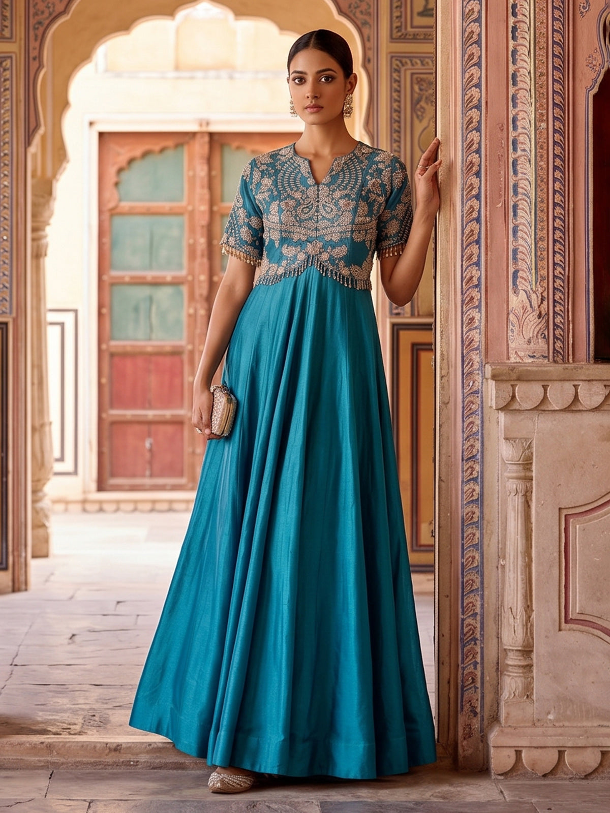 Peacock blue silk Anarkali suit for festive celebration
