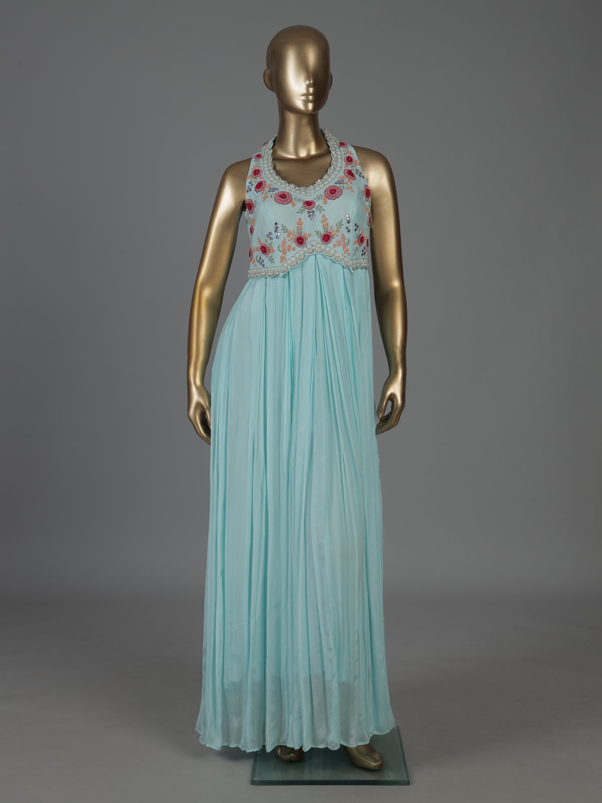 Firozi blue chiffon embroidered Anarkali suit for wedding