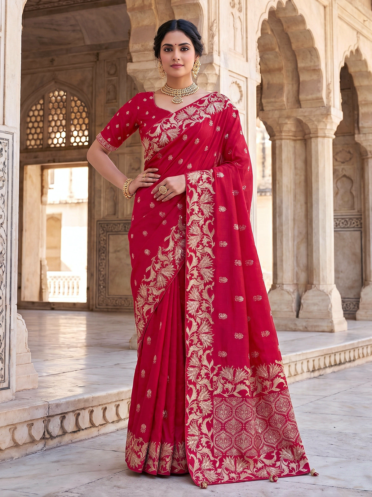 Cherry red silk wedding saree
