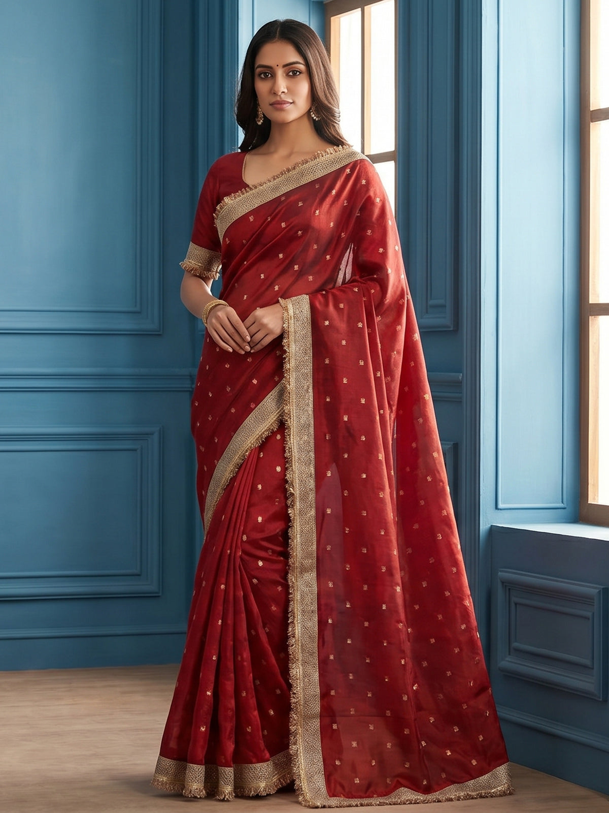 Red zari woven semi soft tissue festive saree