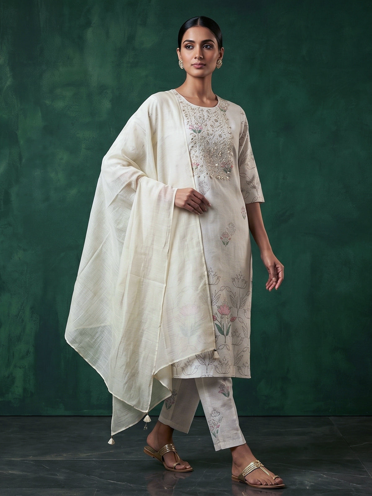 White floral printed elegant linen kurti set