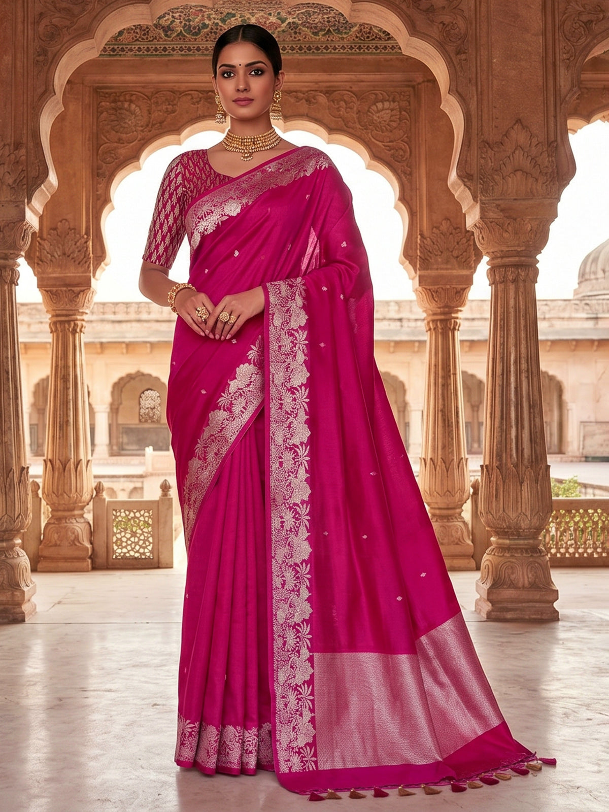 Rani pink heritage woven zari raw silk saree