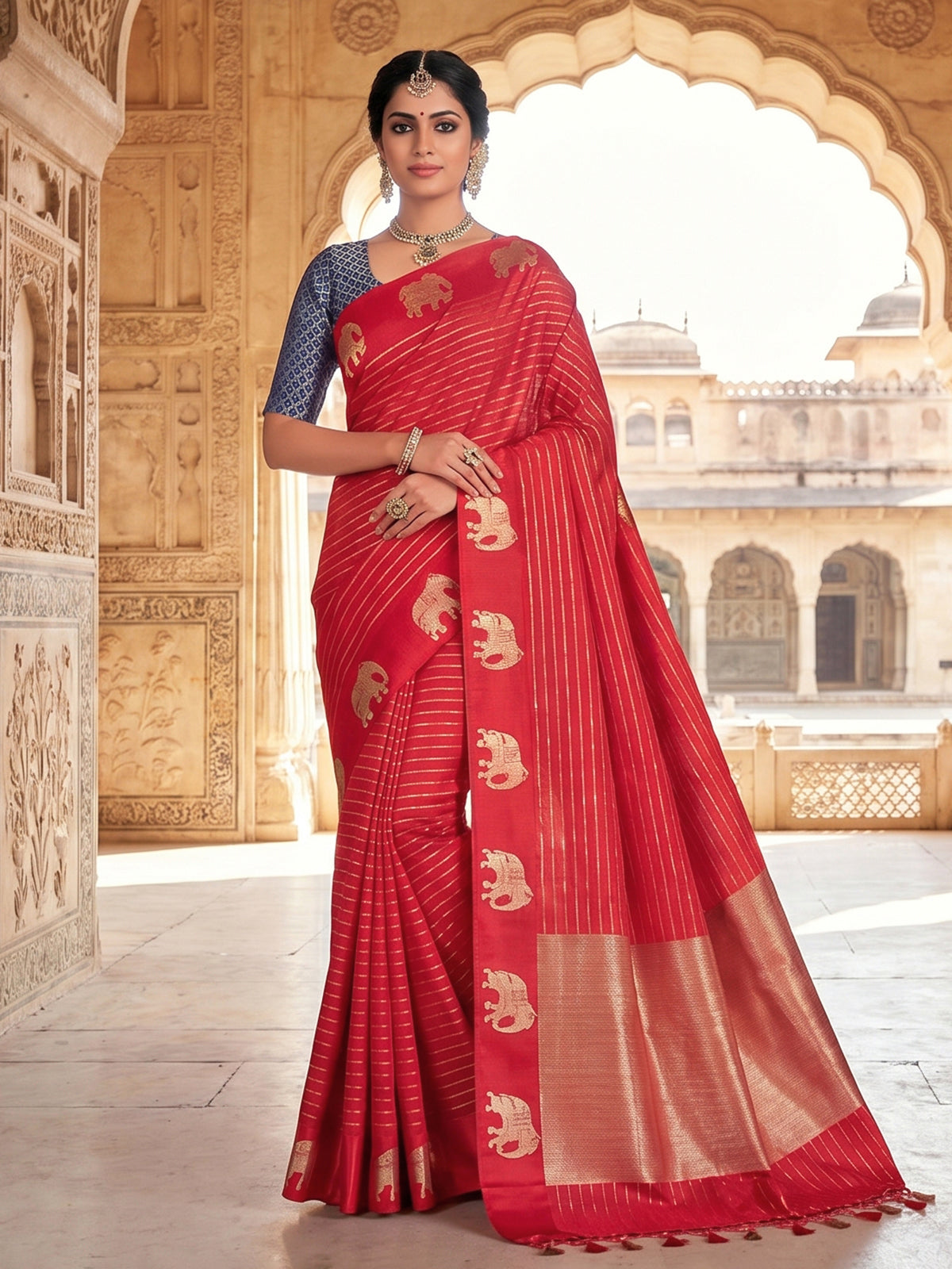 Red royal elephant motif raw silk festive saree