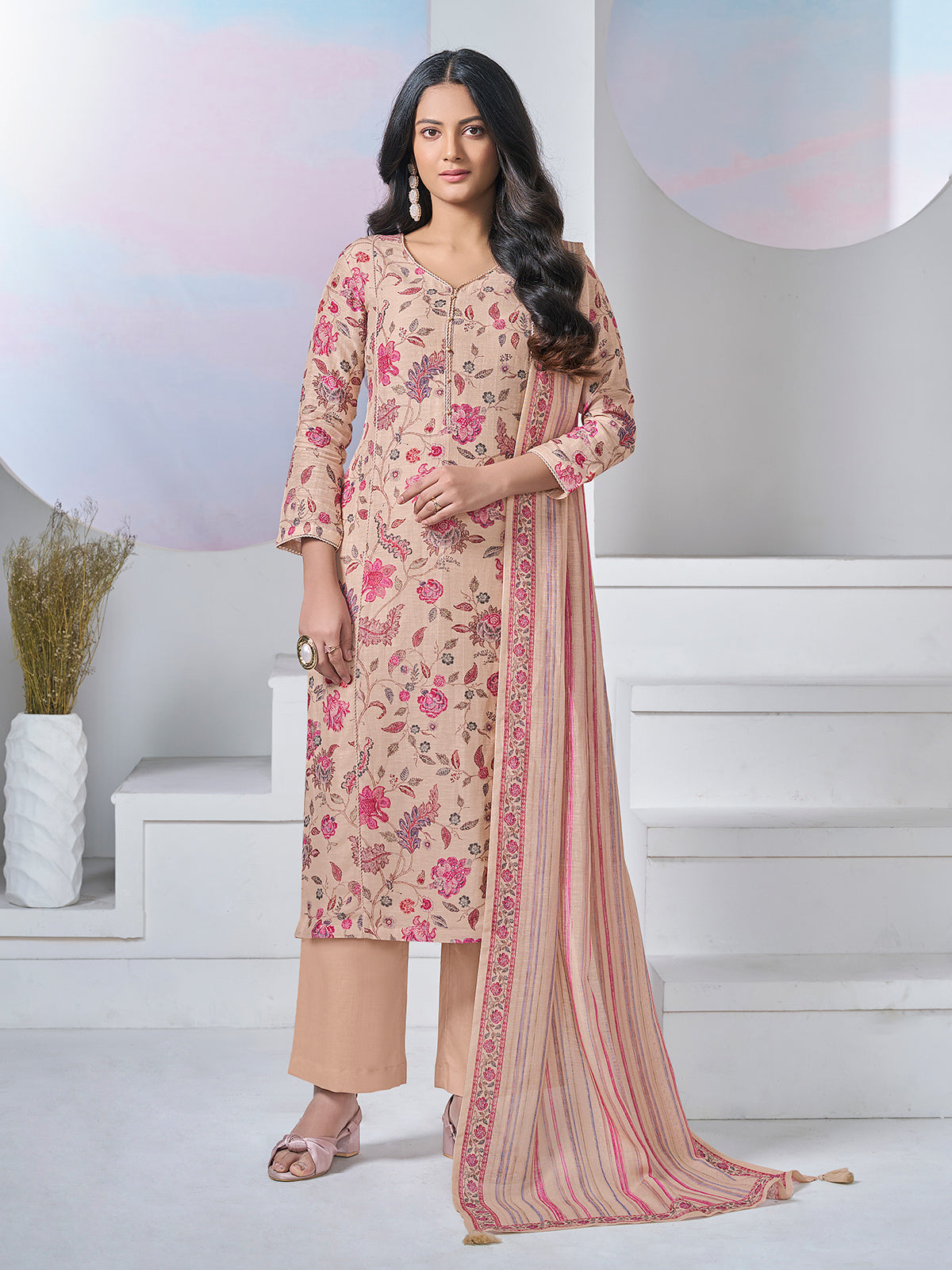 Beige floral vine printed festive kurti set elegance
