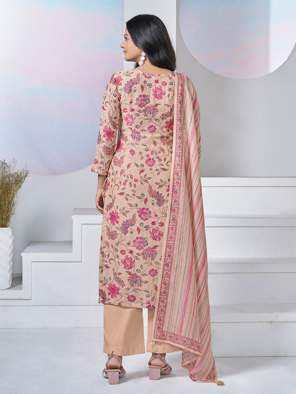 Beige floral vine printed festive kurti set elegance