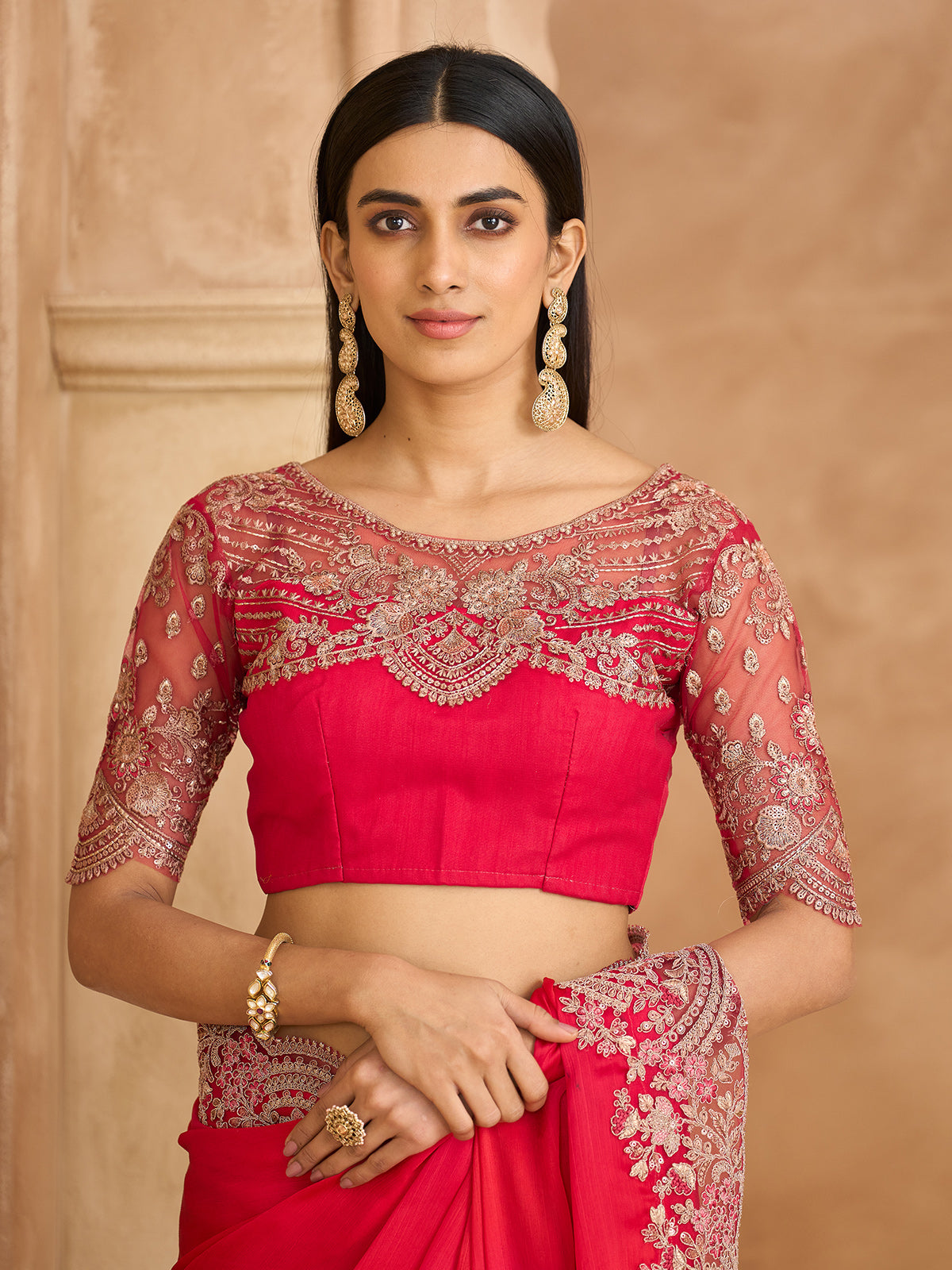 Pink graceful satin chiffon festive saree charm