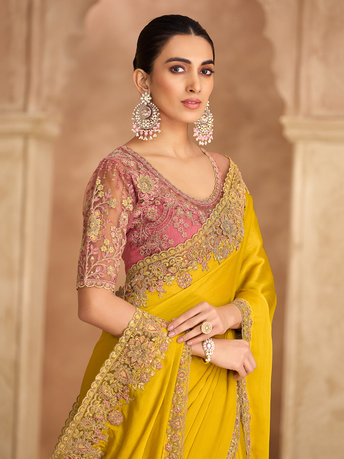 Gold radiant zardosi festive chiffon saree glamour