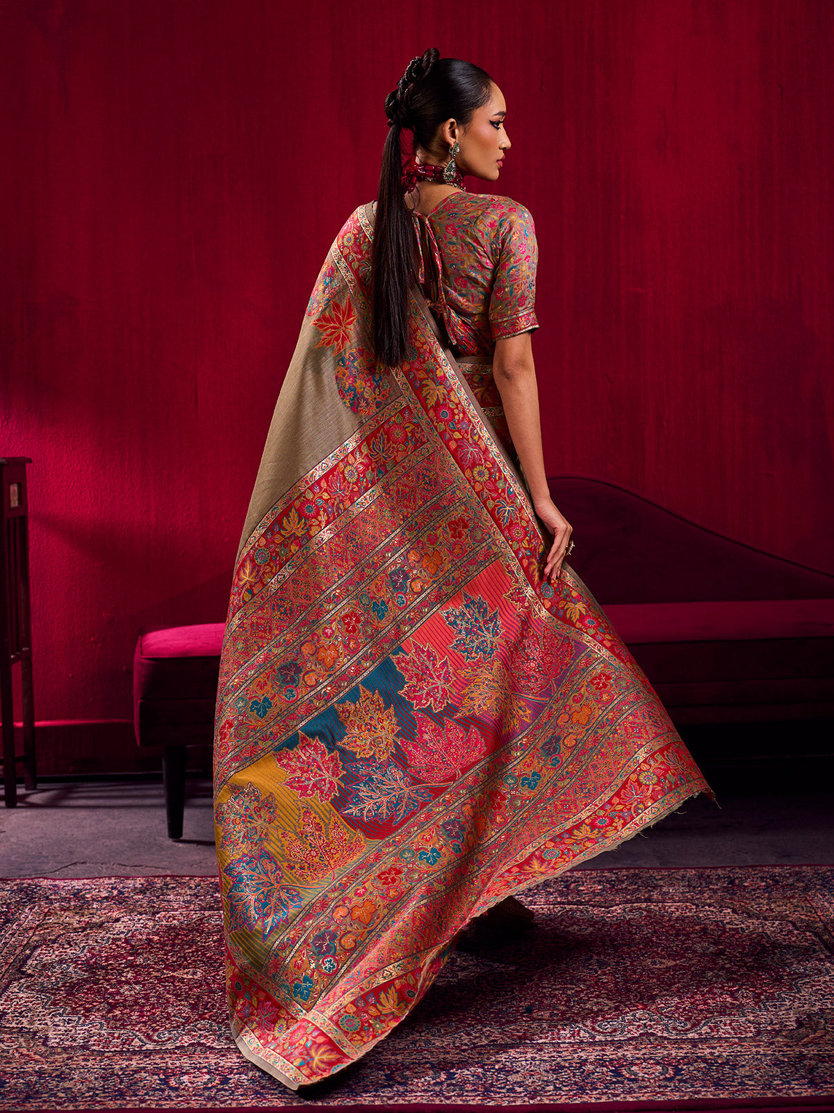 Light brown heritage weave festive saree elegance