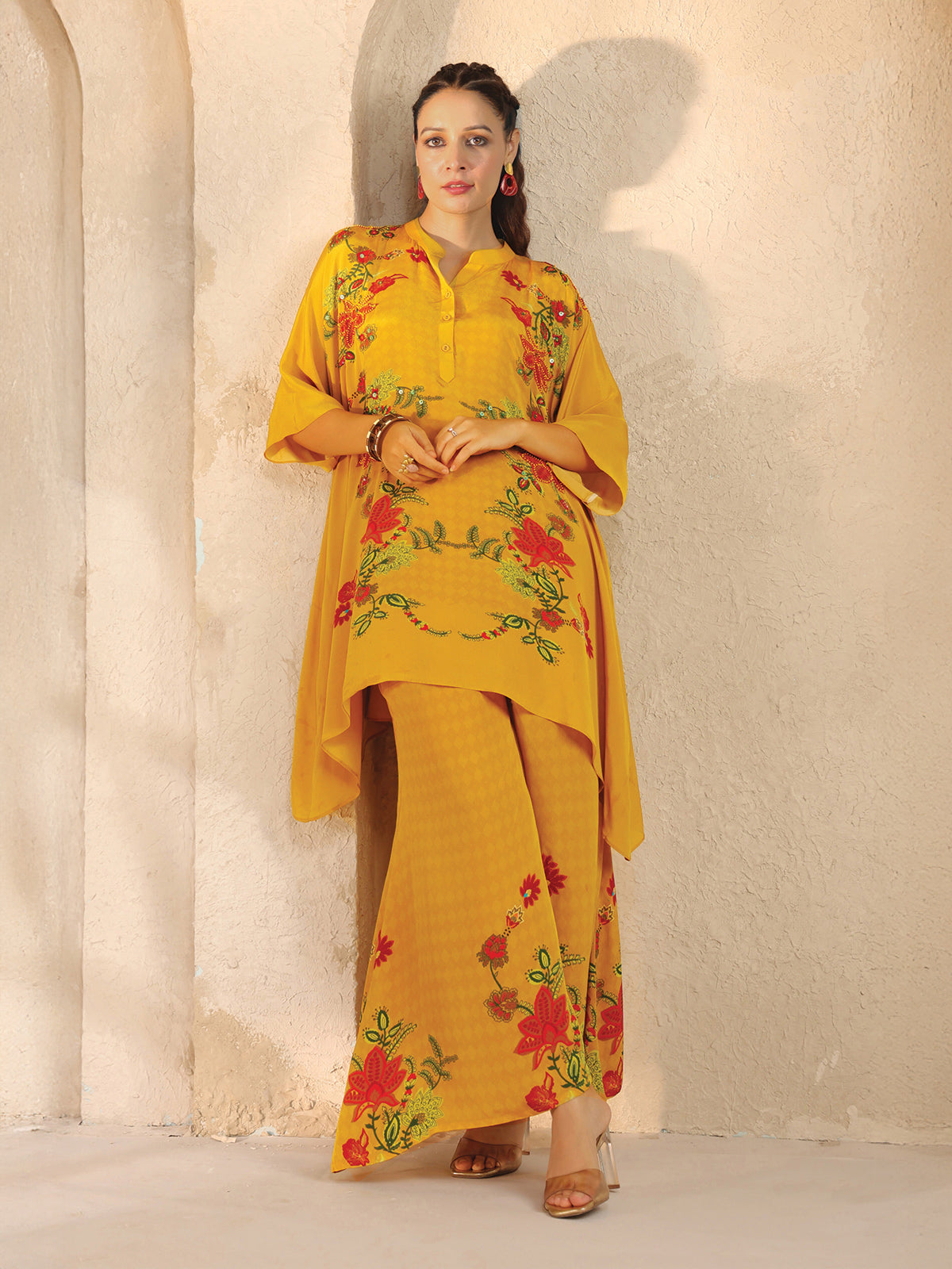 Yellow printed silk palazzo co ord set for women