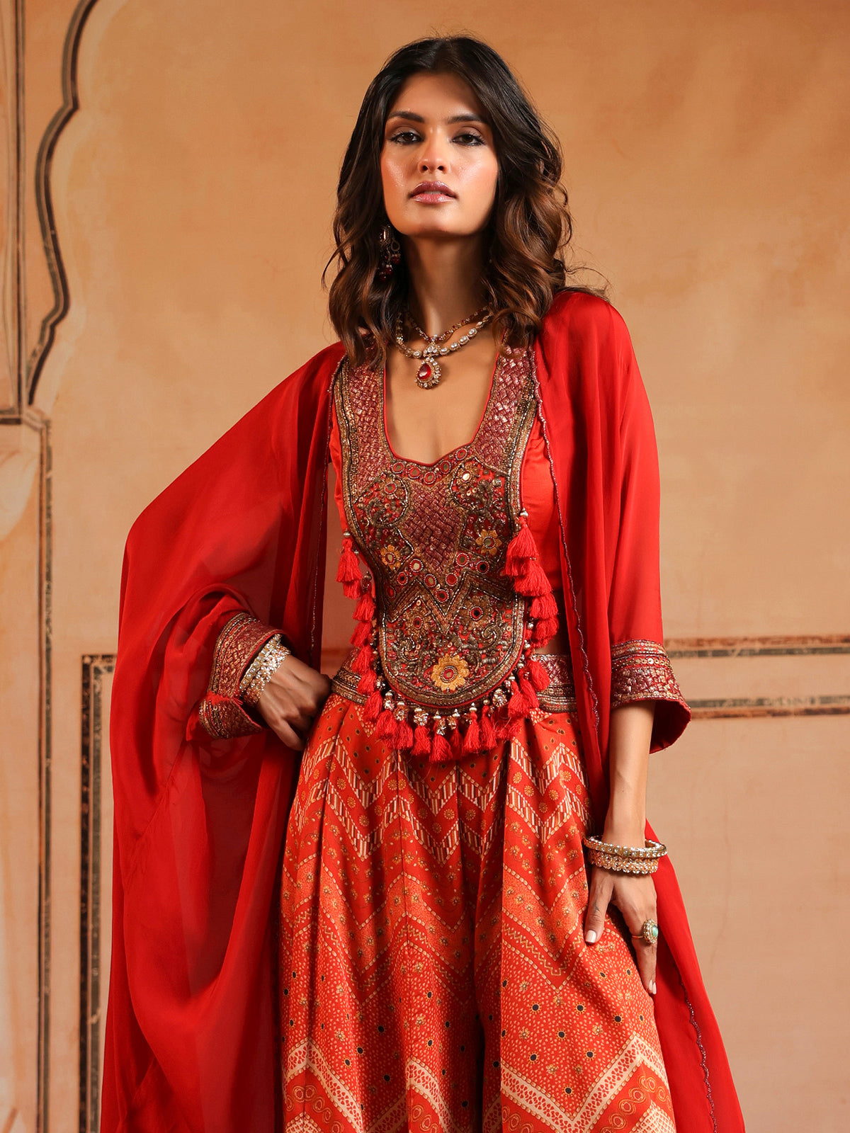 Red printed palazzo suit with shrug for wedding