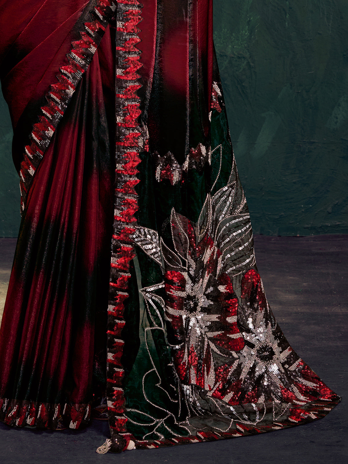 Maroon shaded satin silk partywear saree