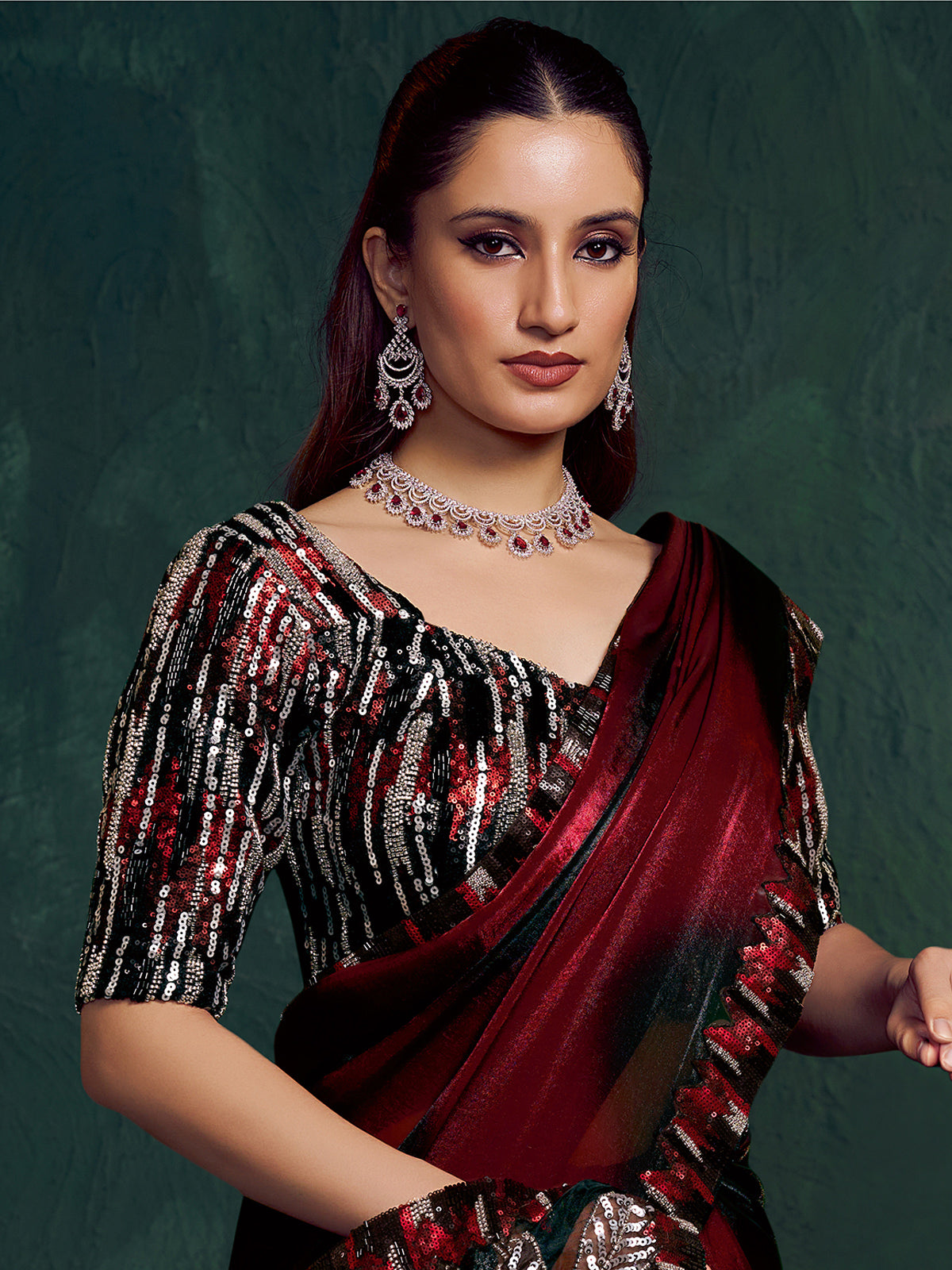 Maroon shaded satin silk partywear saree