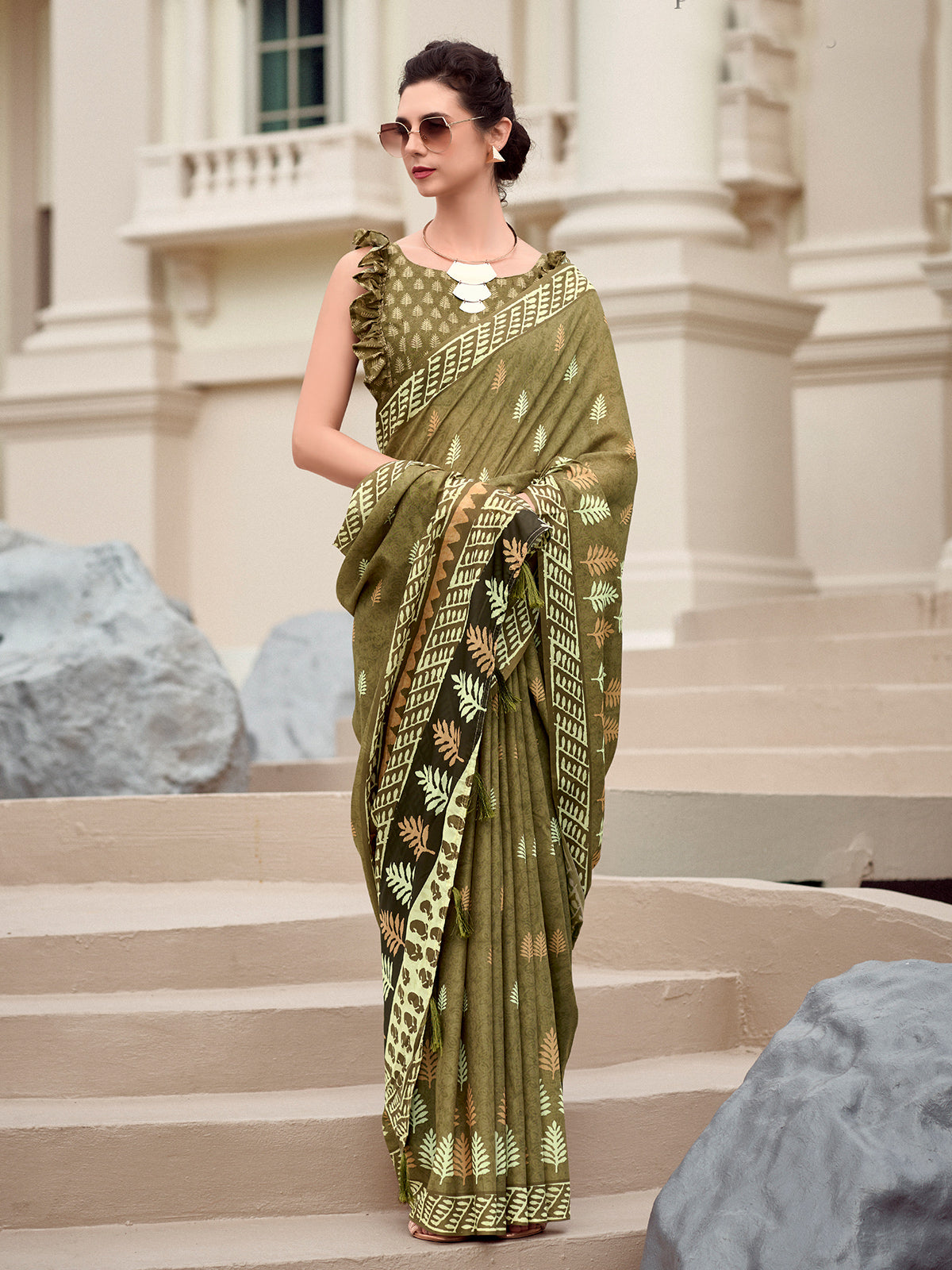 Dark olive malmal silk saree for festival