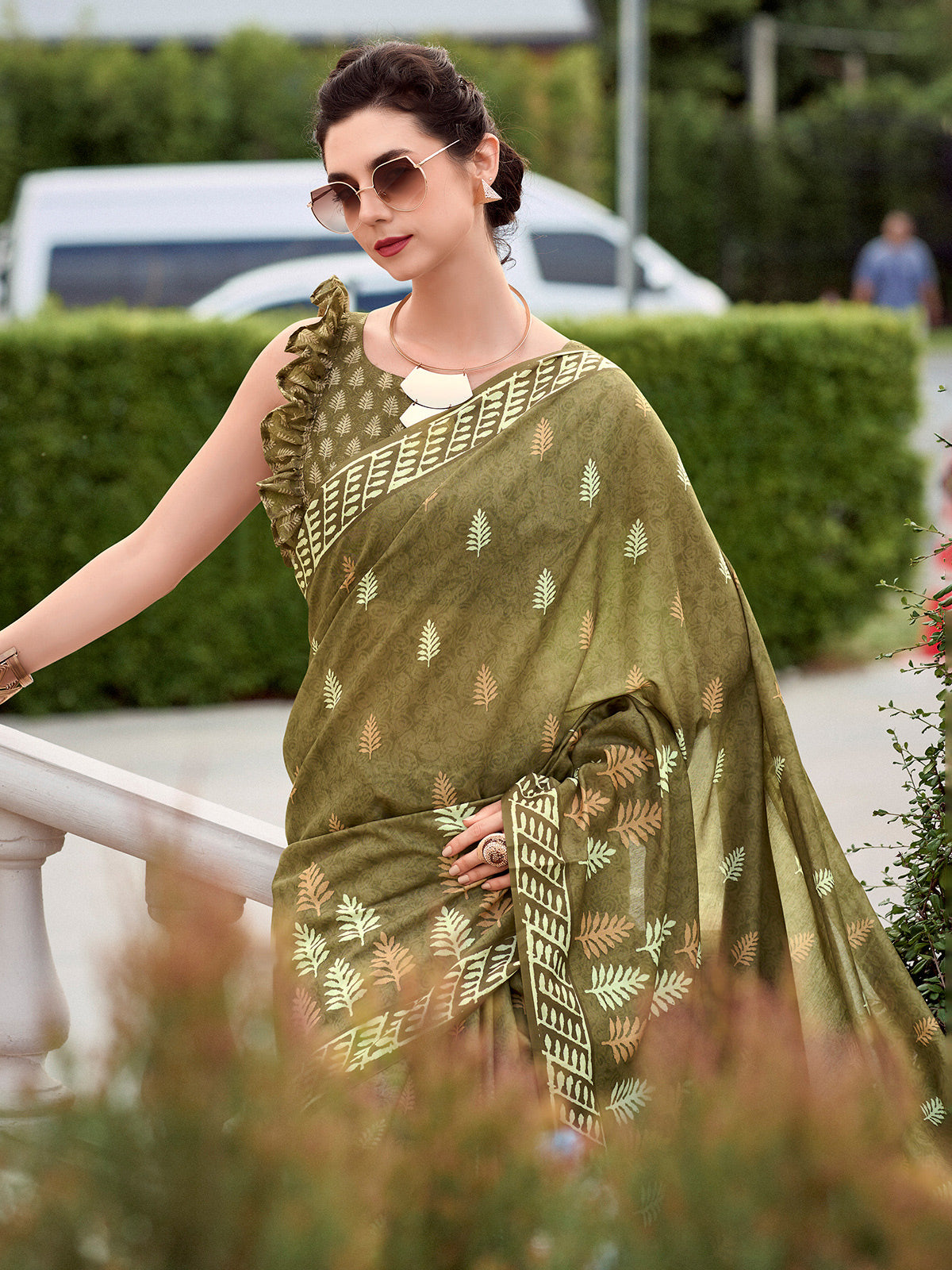 Dark olive malmal silk saree for festival