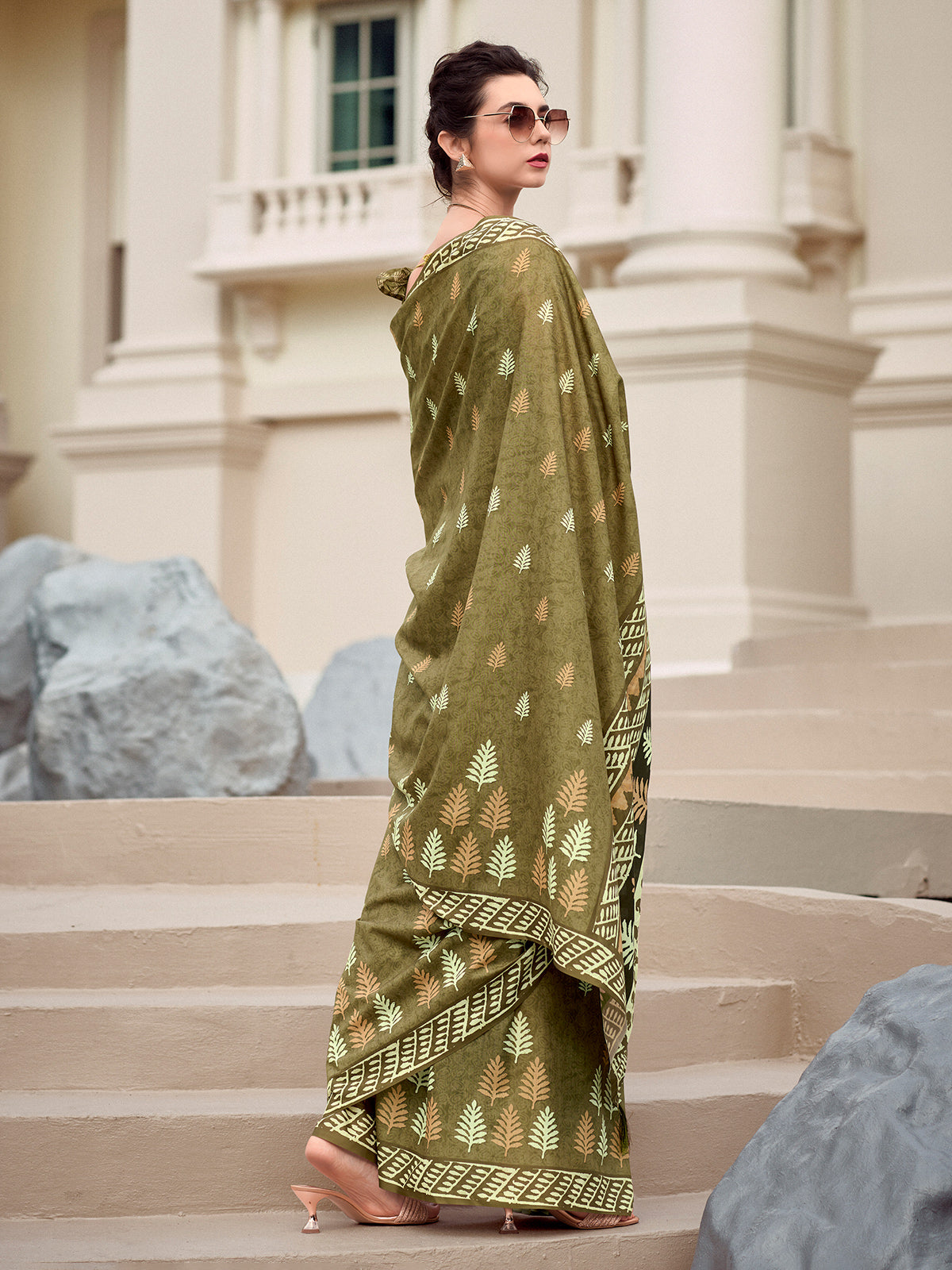 Dark olive malmal silk saree for festival