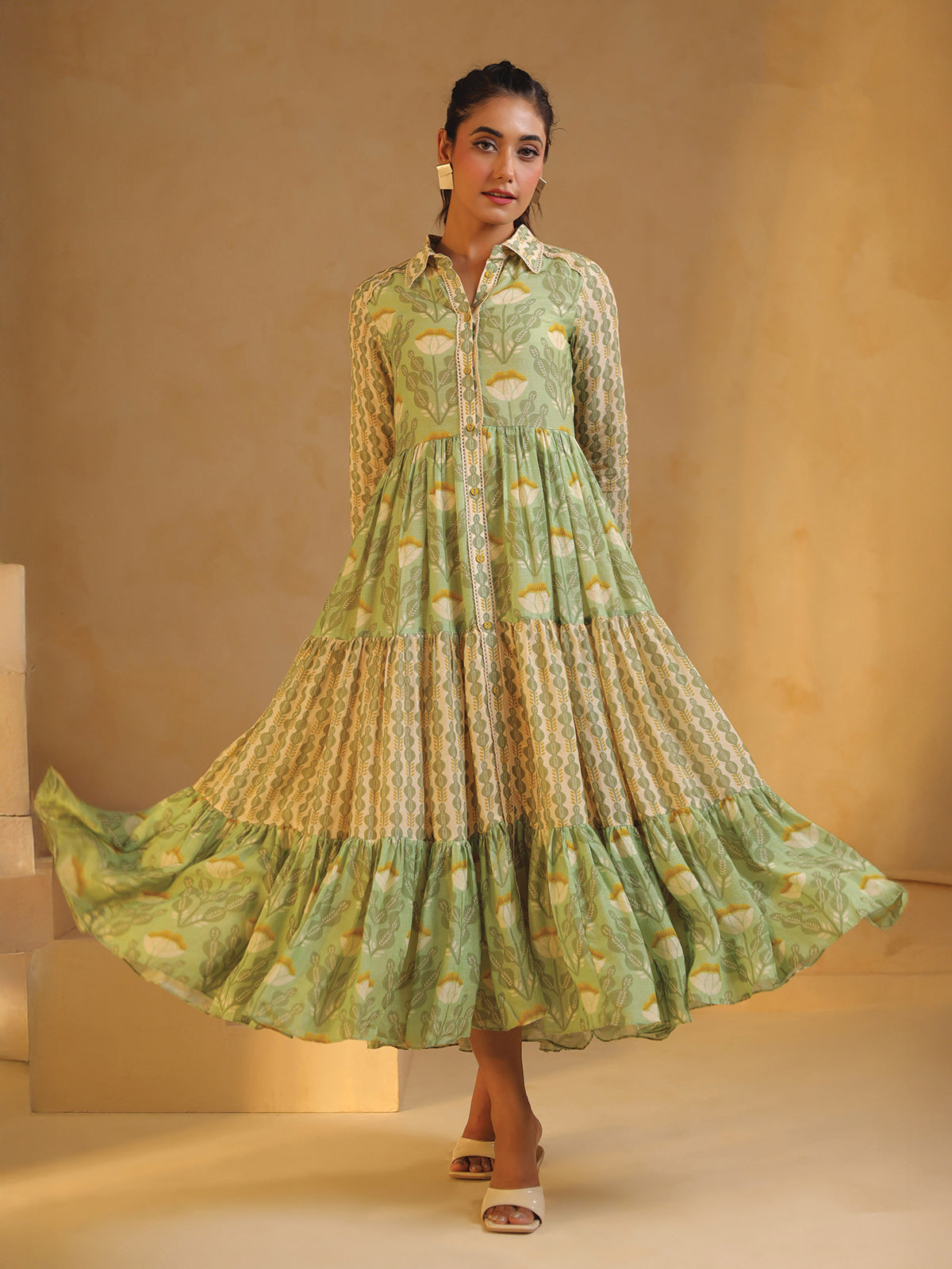 Beige and green silk kurti with print