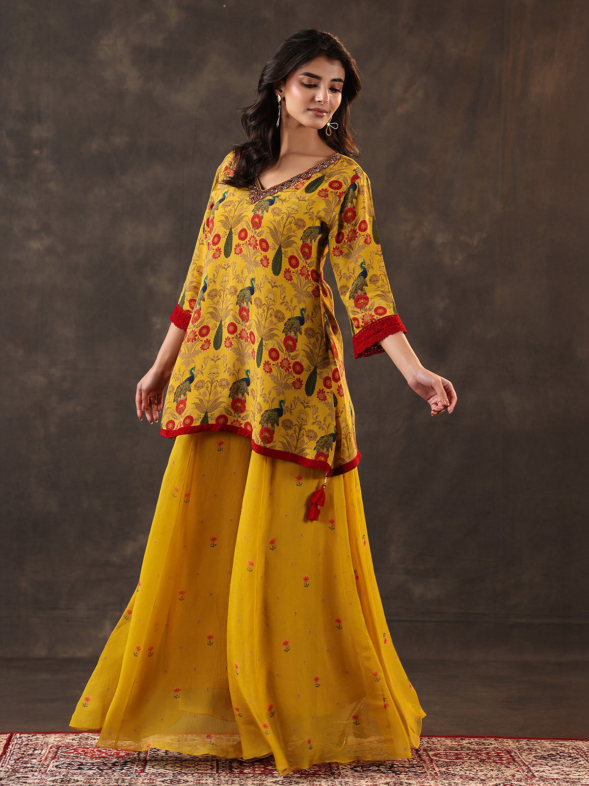 Yellow silk printed festive palazzo suit