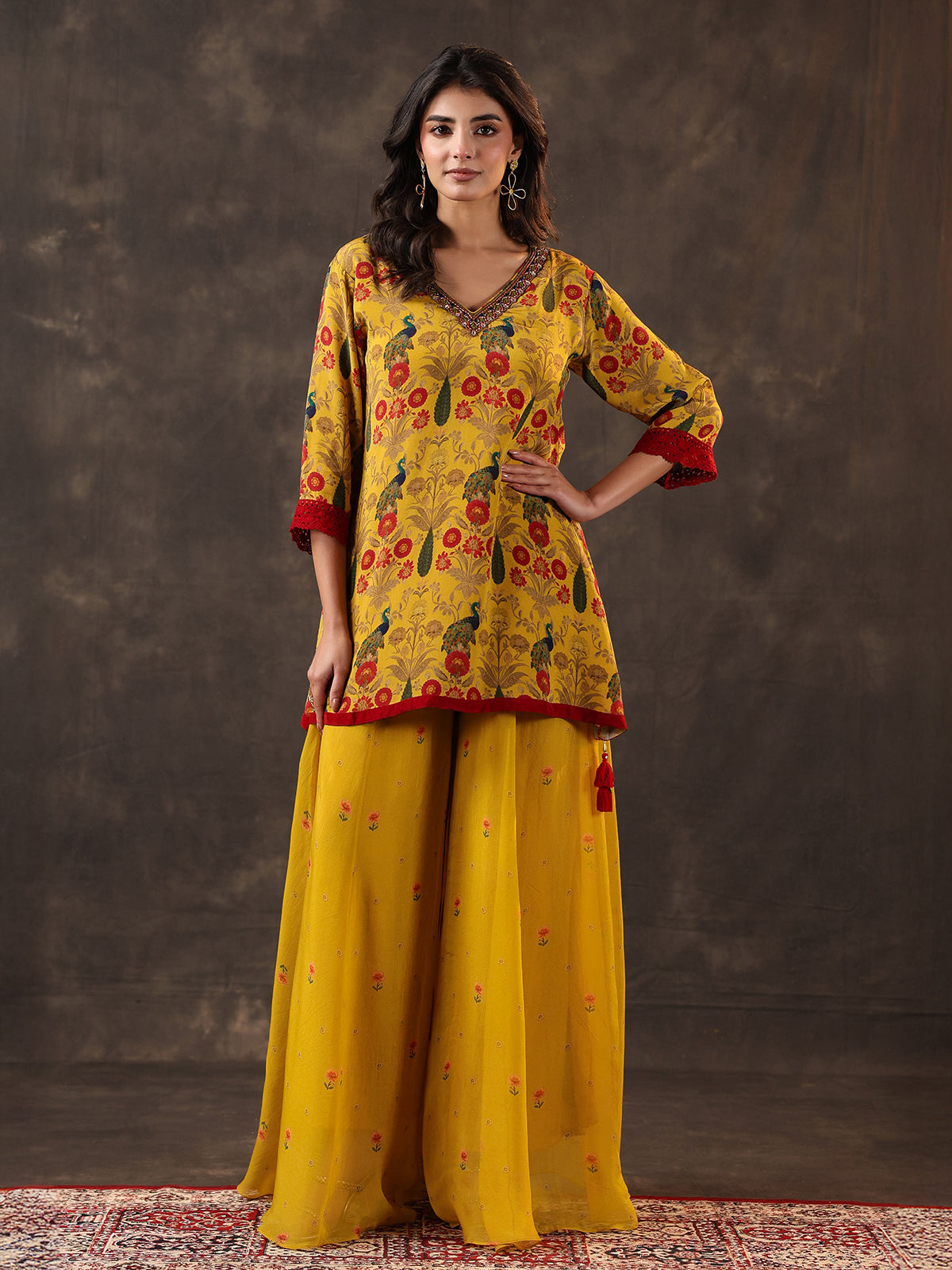 Yellow silk printed festive palazzo suit