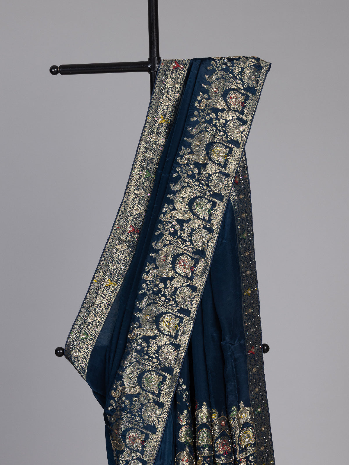 Navy blue royal peacock border dola silk saree