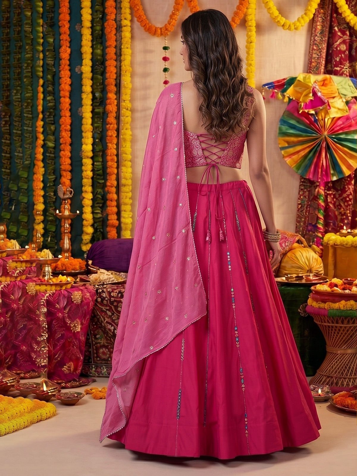 Rani pink festive glamour lehenga with brocade charm
