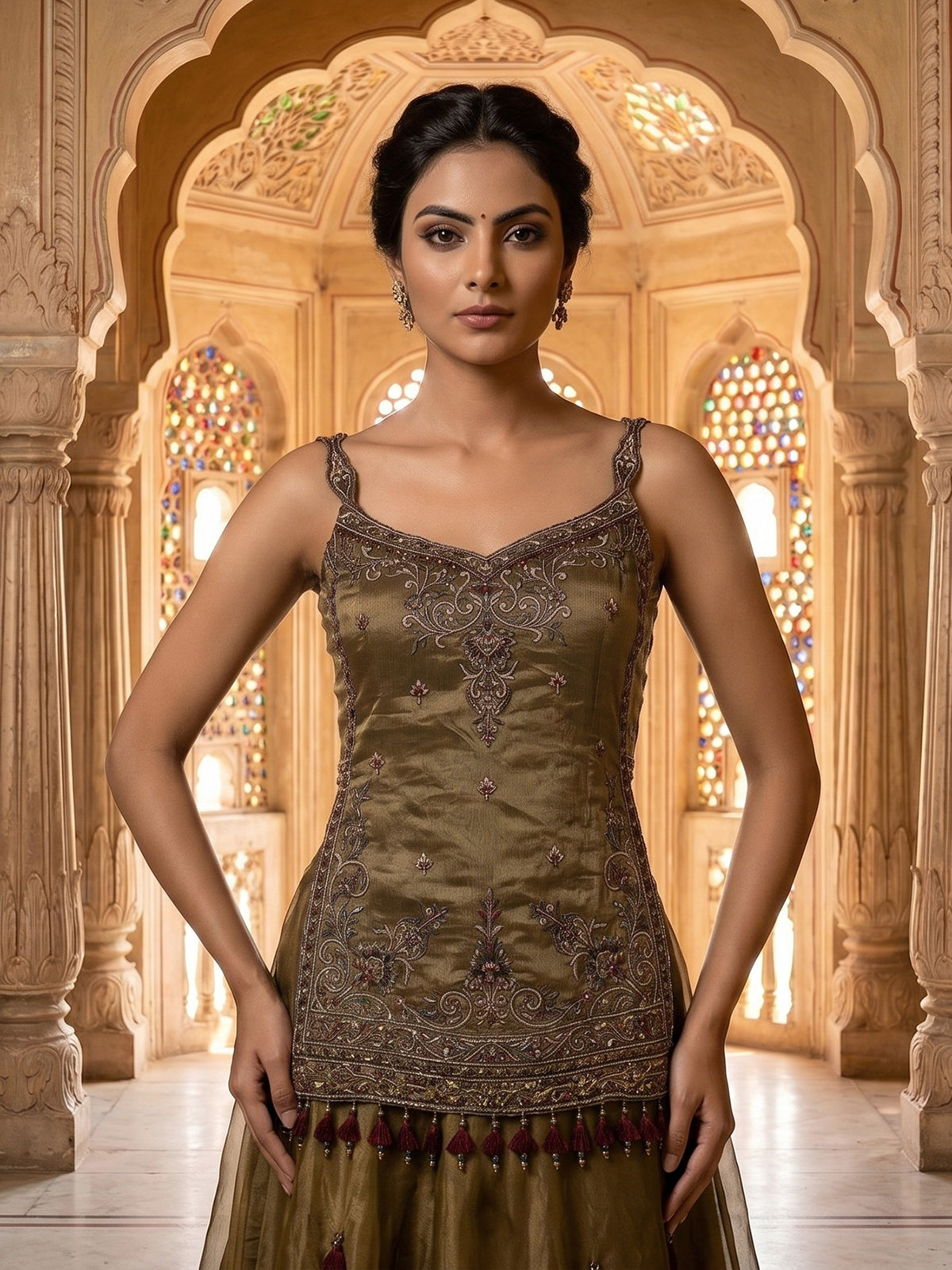 Mehendi green embellished tissue silk palazzo suit