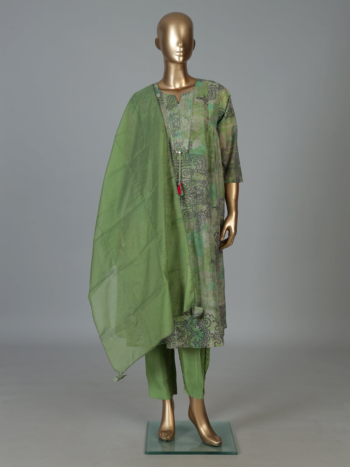 Sage green printed kurti set with trouser and sheer dupatta