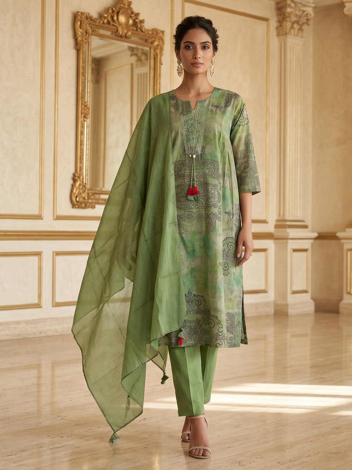 Sage green printed kurti set with trouser and sheer dupatta