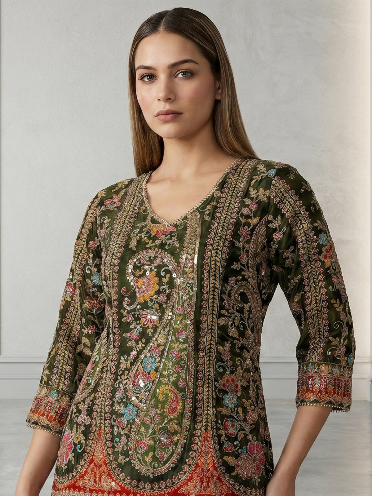 Mehendi green sharara suit with motifs