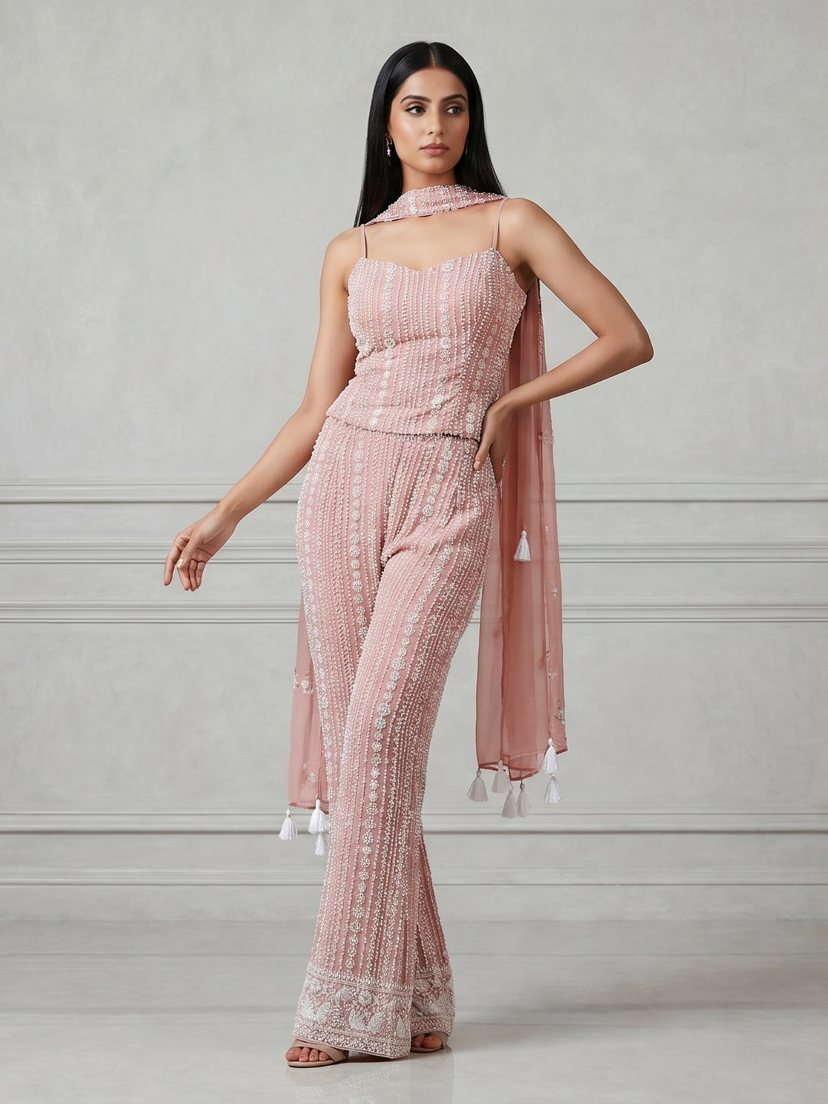 Peach georgette palazzo suit with cutdana detailing