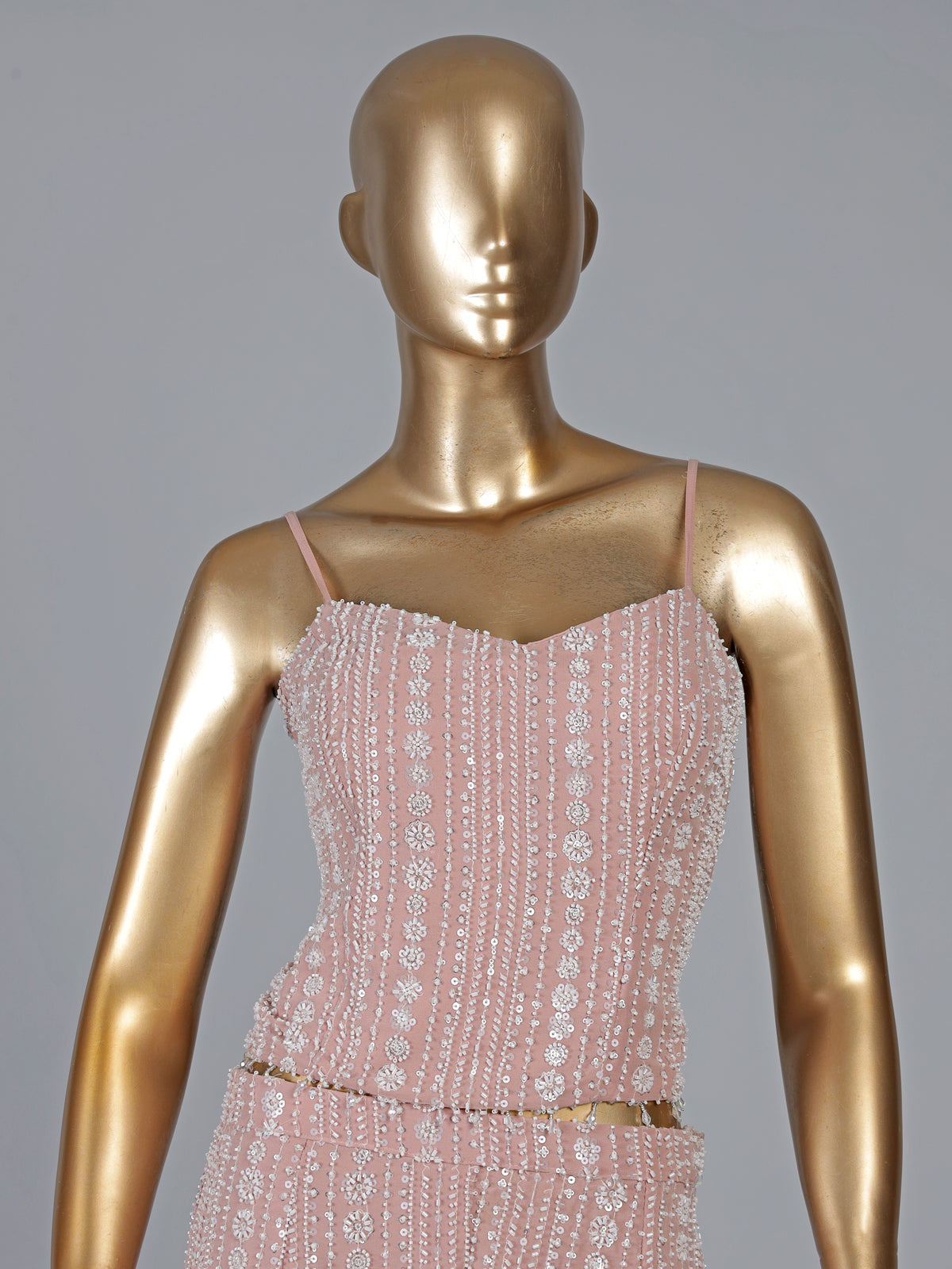 Peach georgette palazzo suit with cutdana detailing