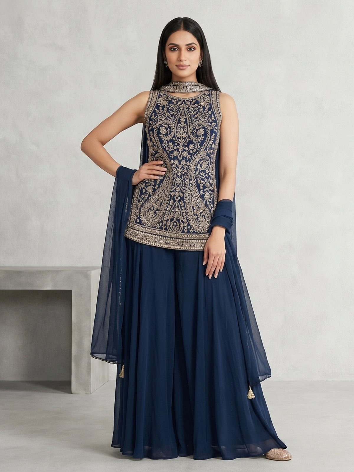Peacock blue georgette palazzo suit with diamond accents