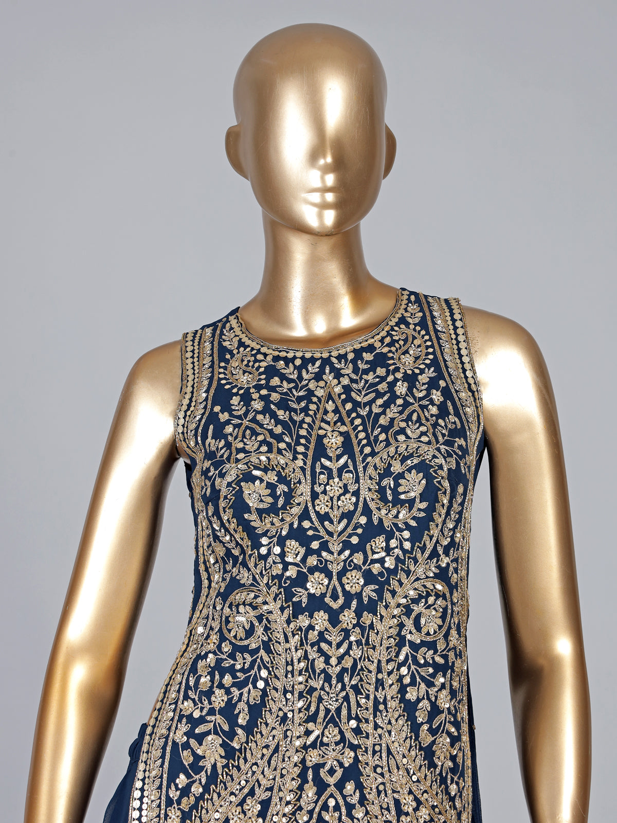 Peacock blue georgette palazzo suit with diamond accents