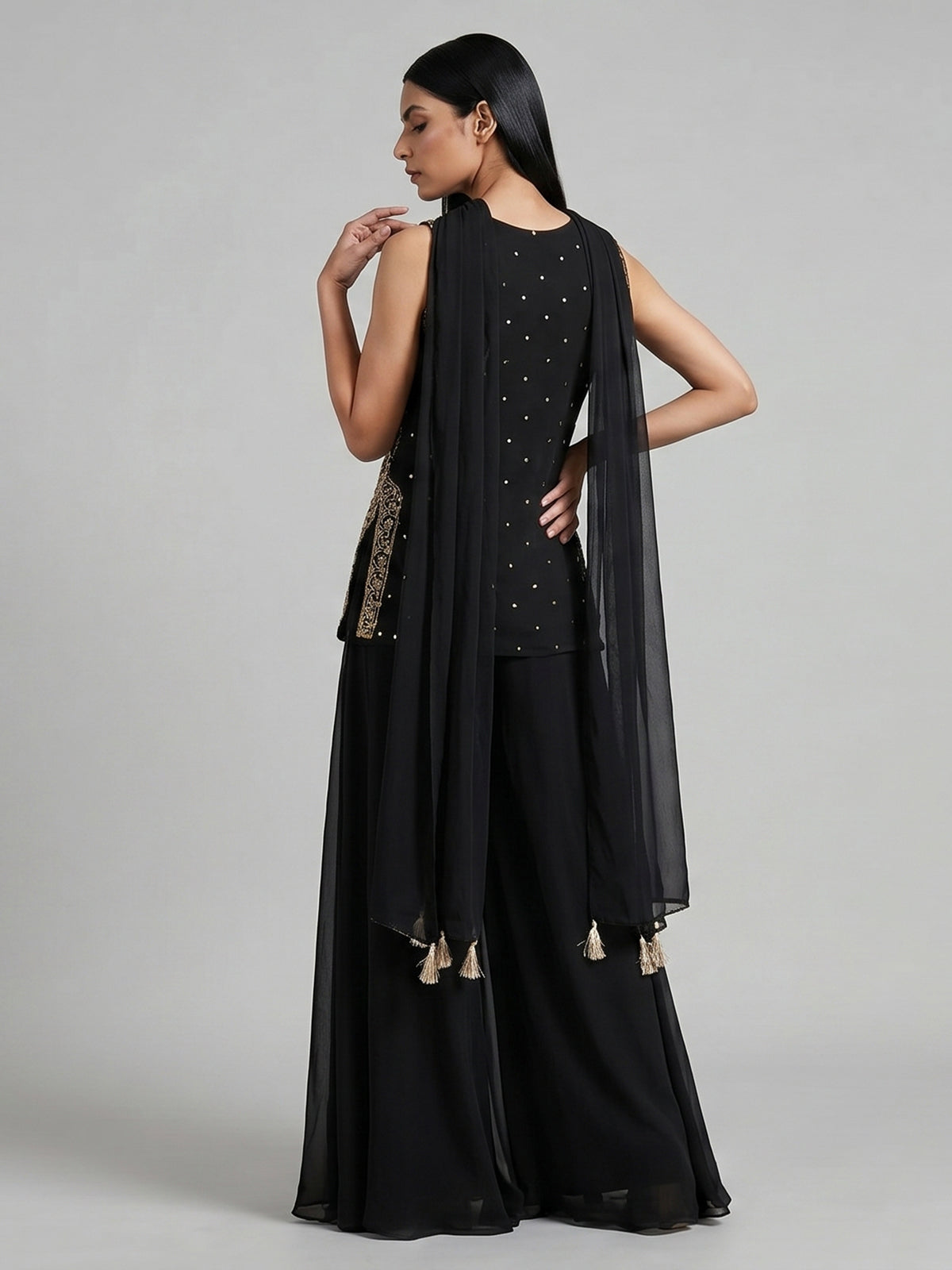 Black georgette palazzo suit with sequin shine