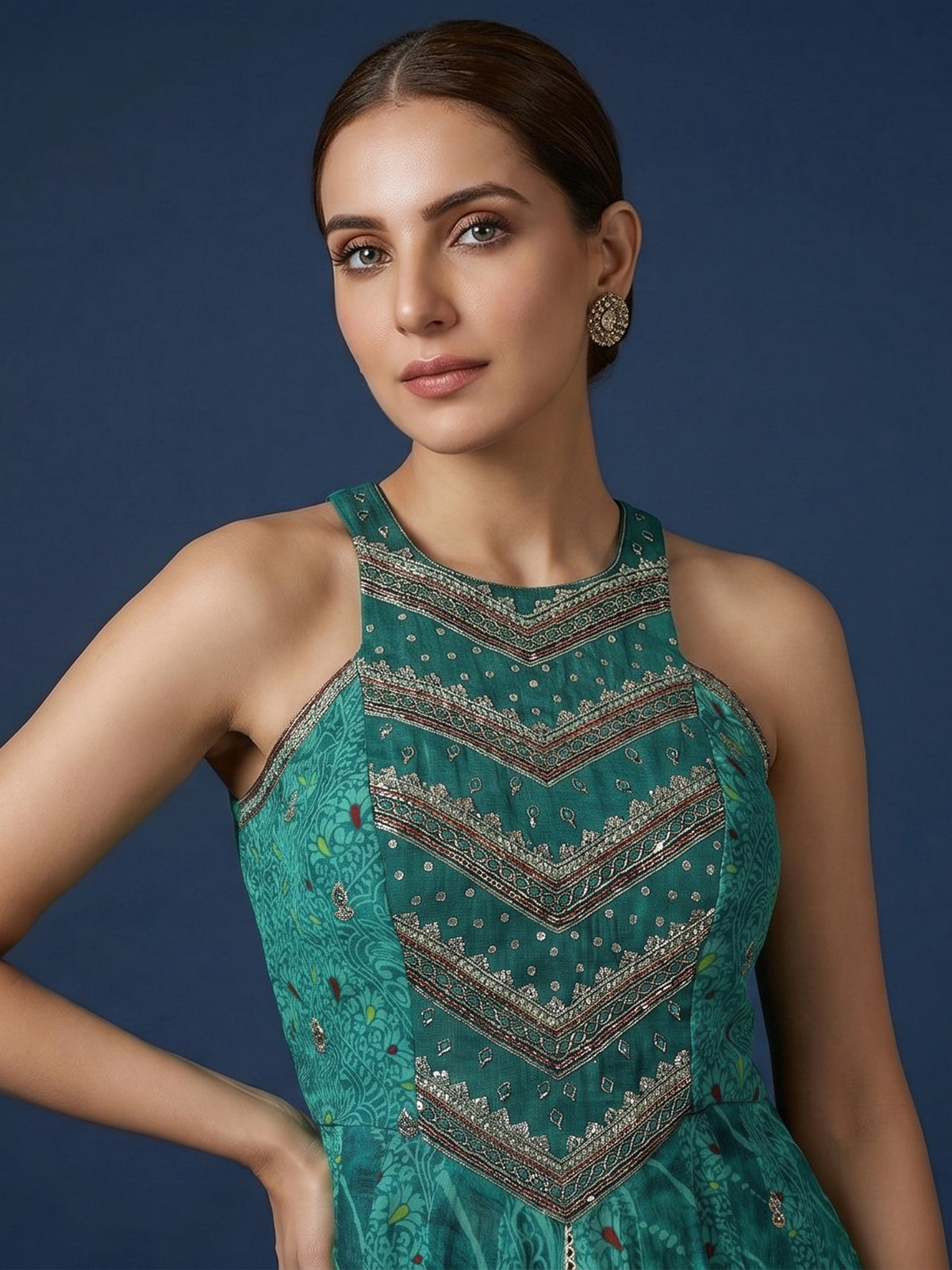 Green silk anarkali palazzo suit for wedding celebration
