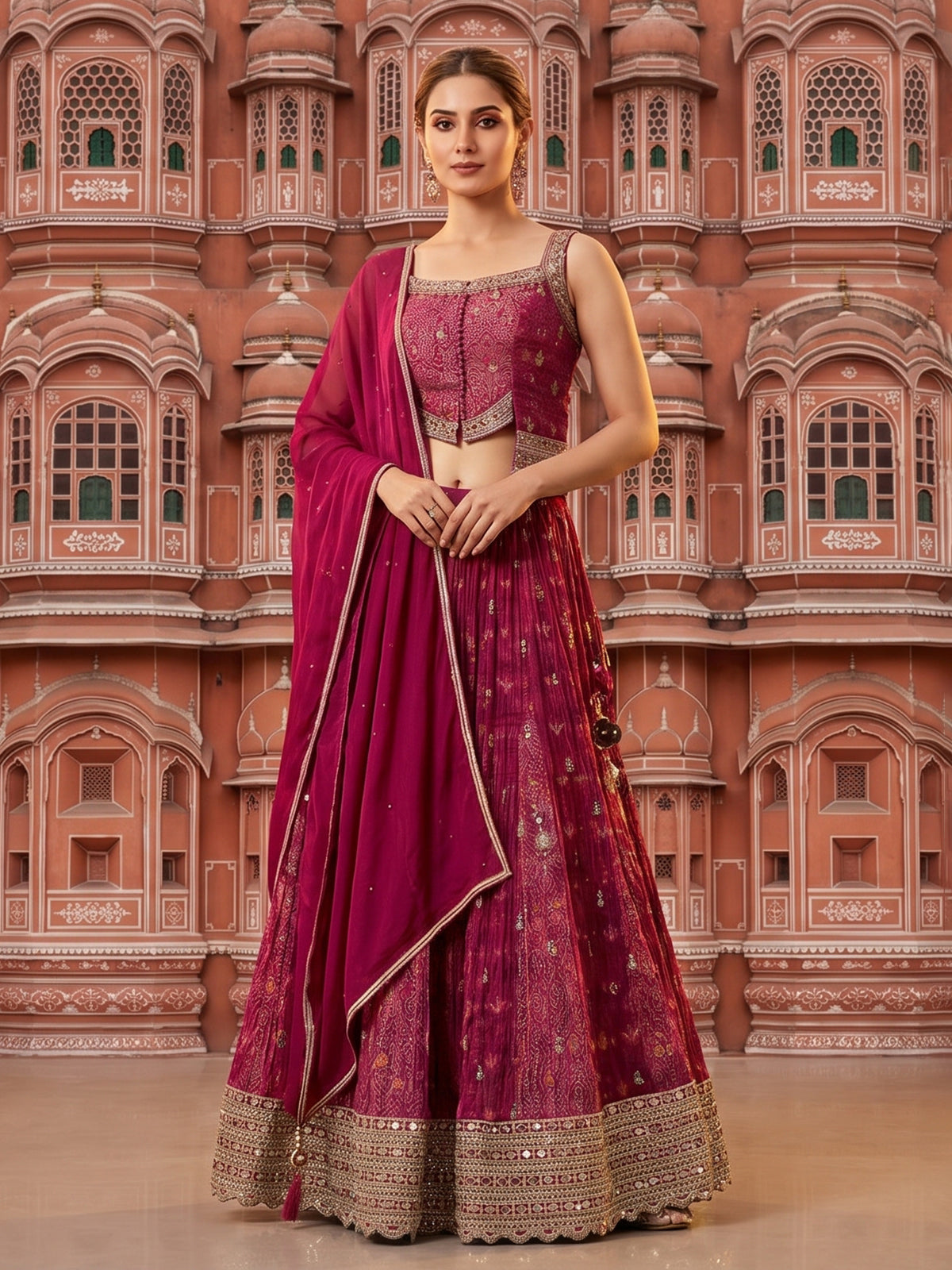 Purple silk palazzo suit with intricate detailing