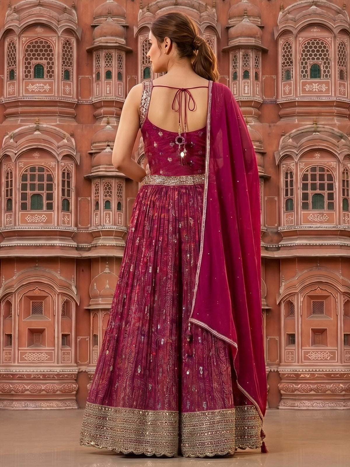 Purple silk palazzo suit with intricate detailing