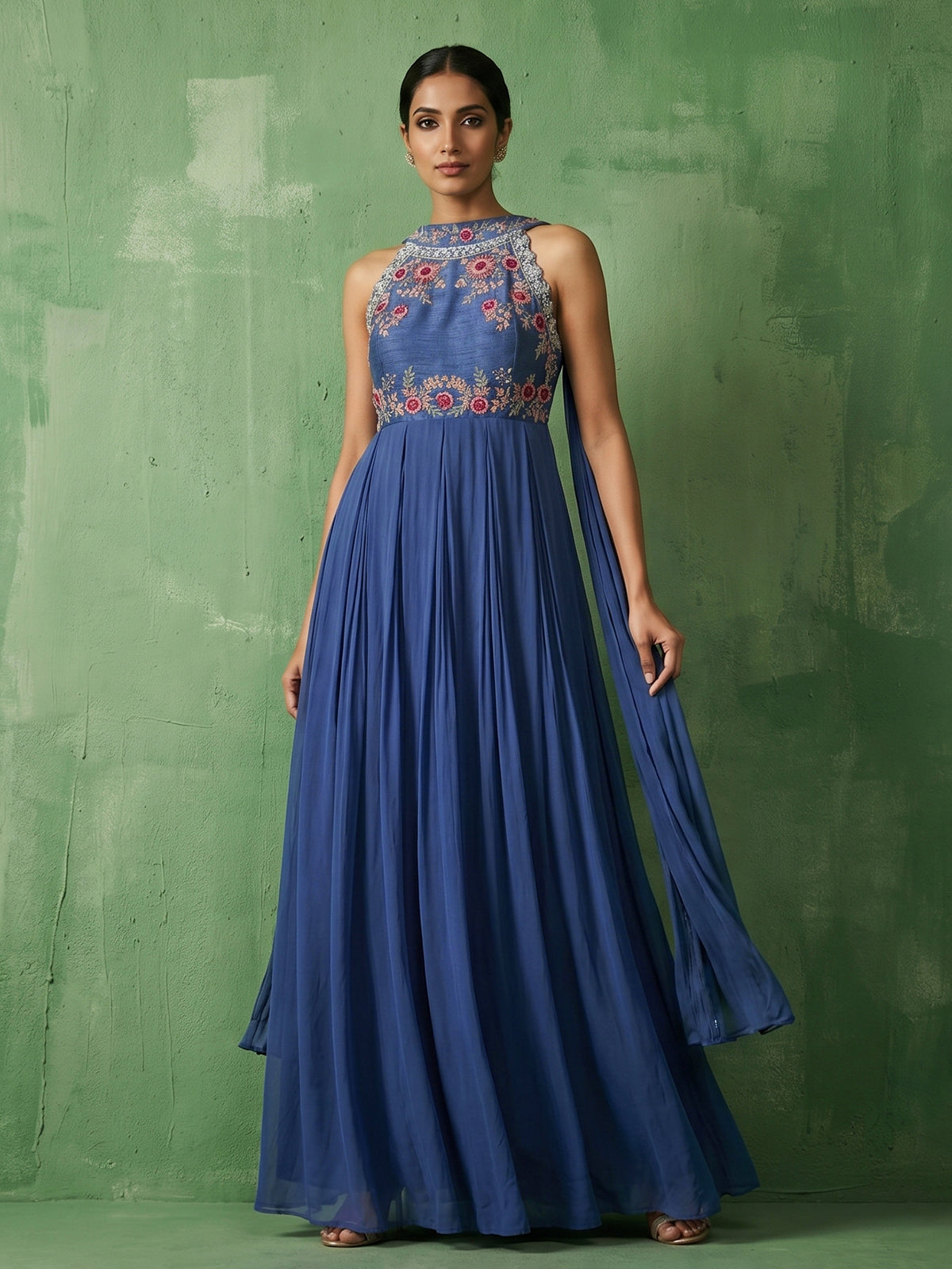 Blue halter neck festive floor length Anarkali suit