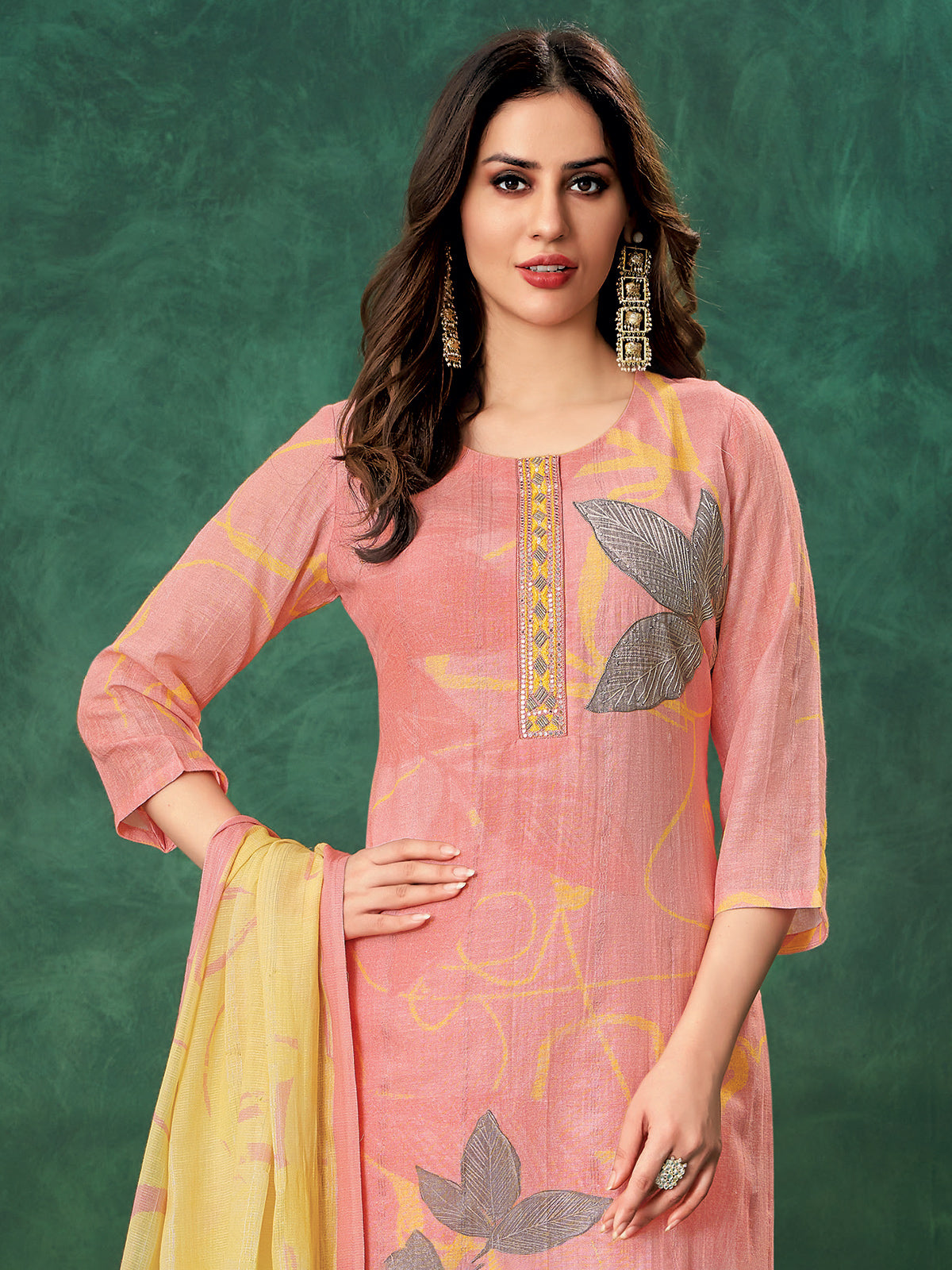 Pink printed linen salwar suit with dupatta