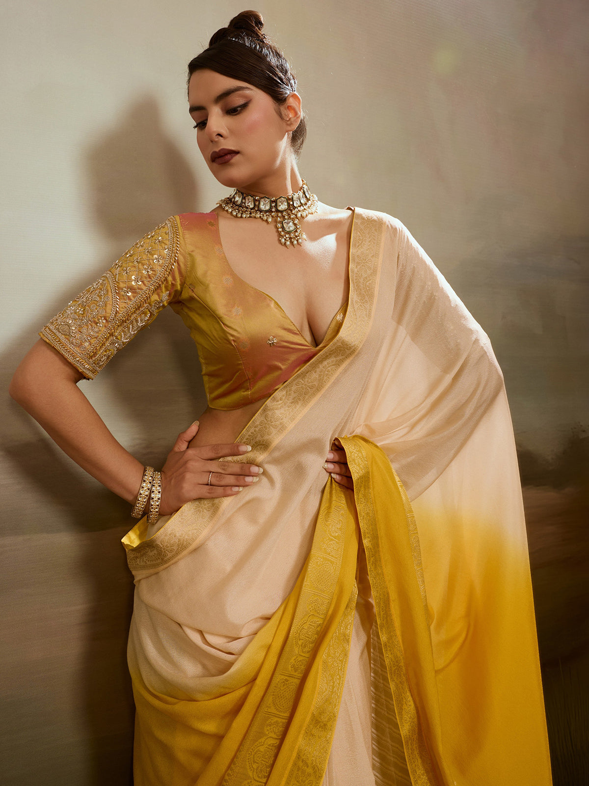 Beige ombre woven saree with timeless charm