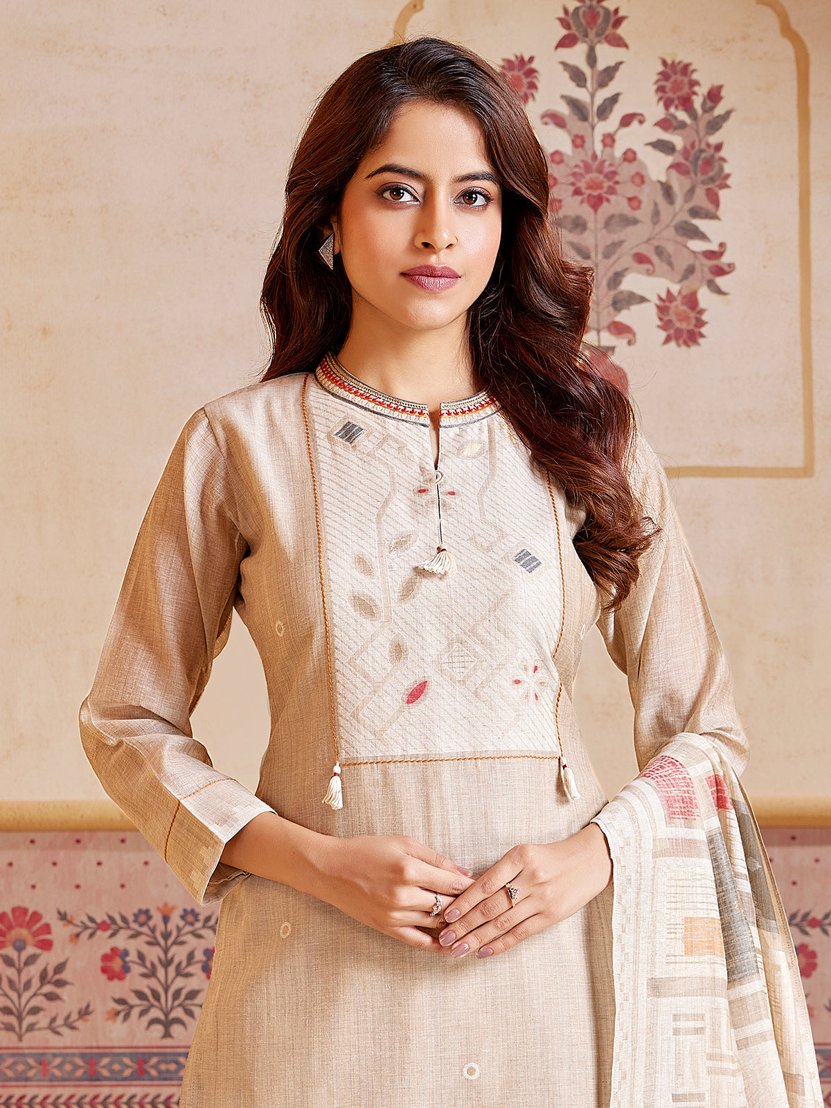Beige cotton salwar suit with thread work detailing