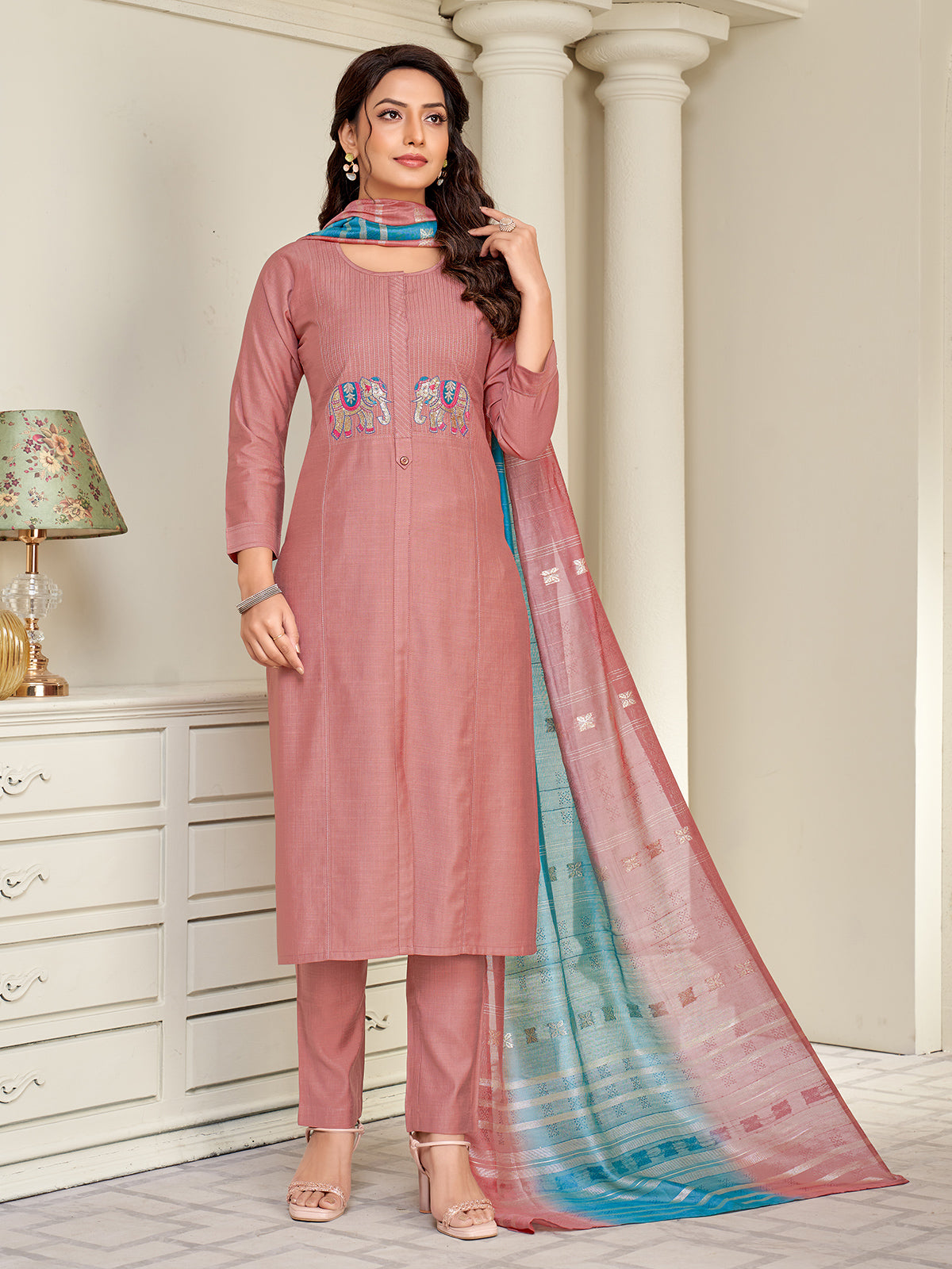 Peach cotton silk salwar suit with embroidery work