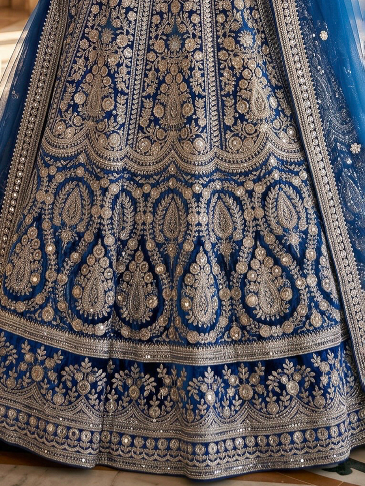 Royal blue embroidered velvet lehenga choli