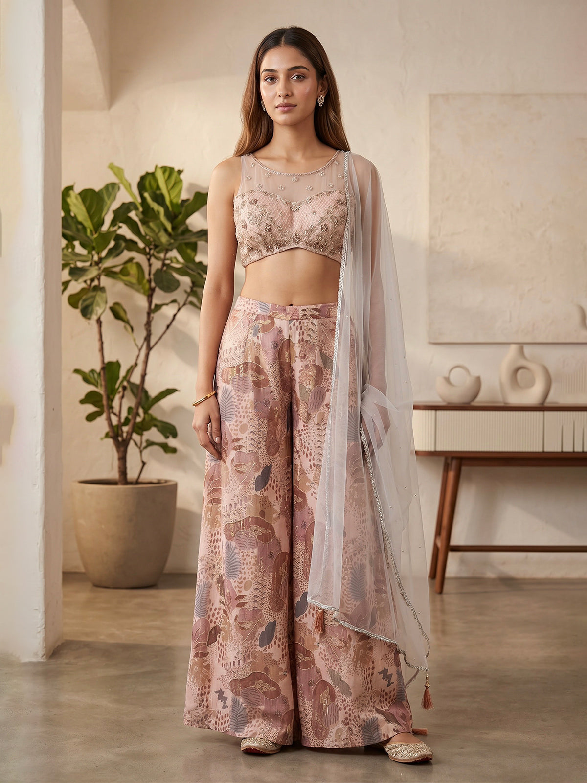 Light pink georgette Indo western palazzo suit