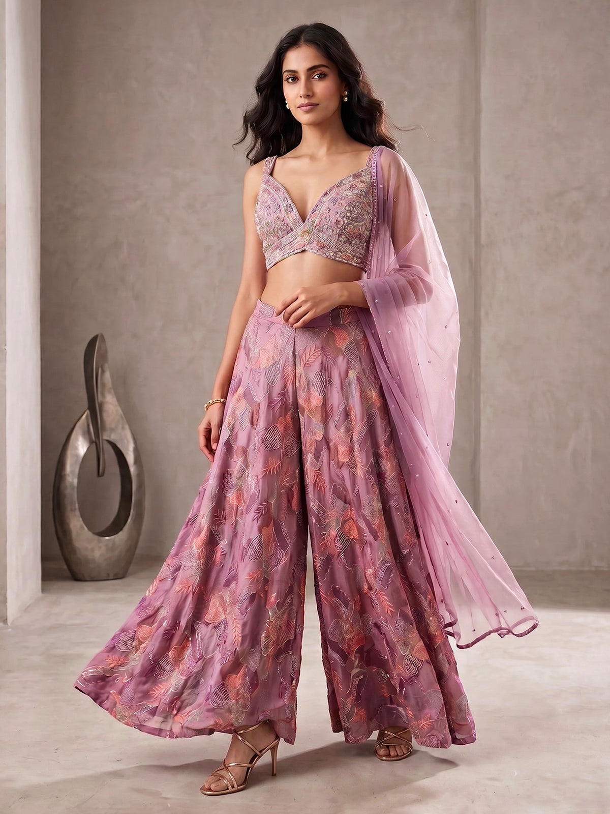 Light purple crepe Indo western palazzo suit for wedding