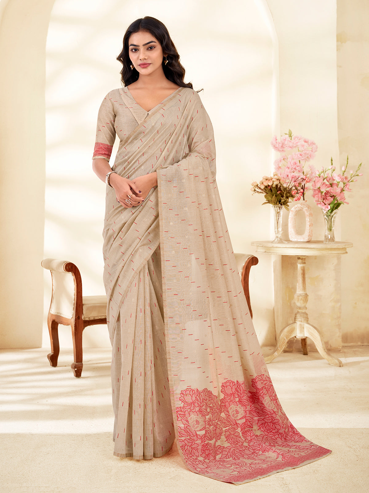 Red festive bloom saree with timeless beauty